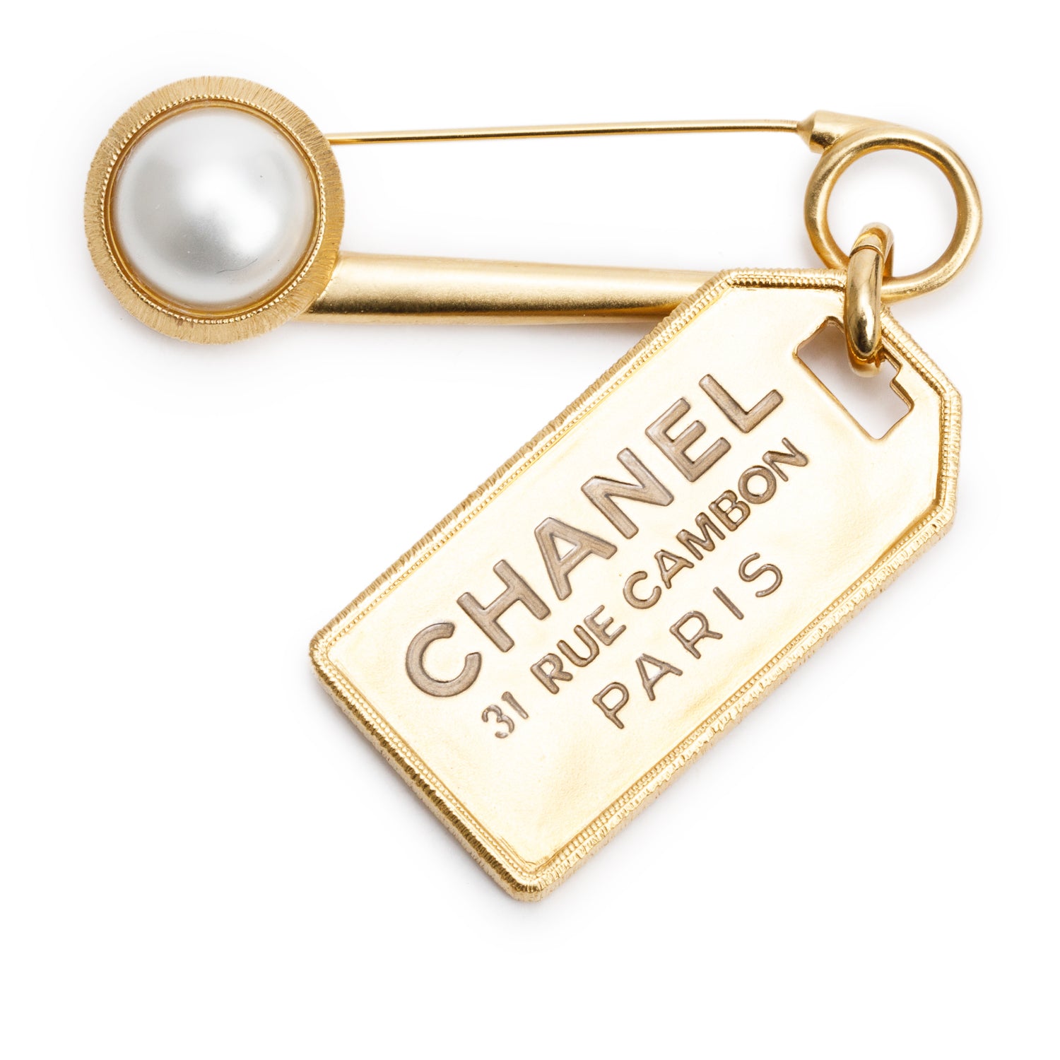 Chanel 2020 Gold Plated Faux Pearl 31 Rue Cambon Safety Pin Brooch