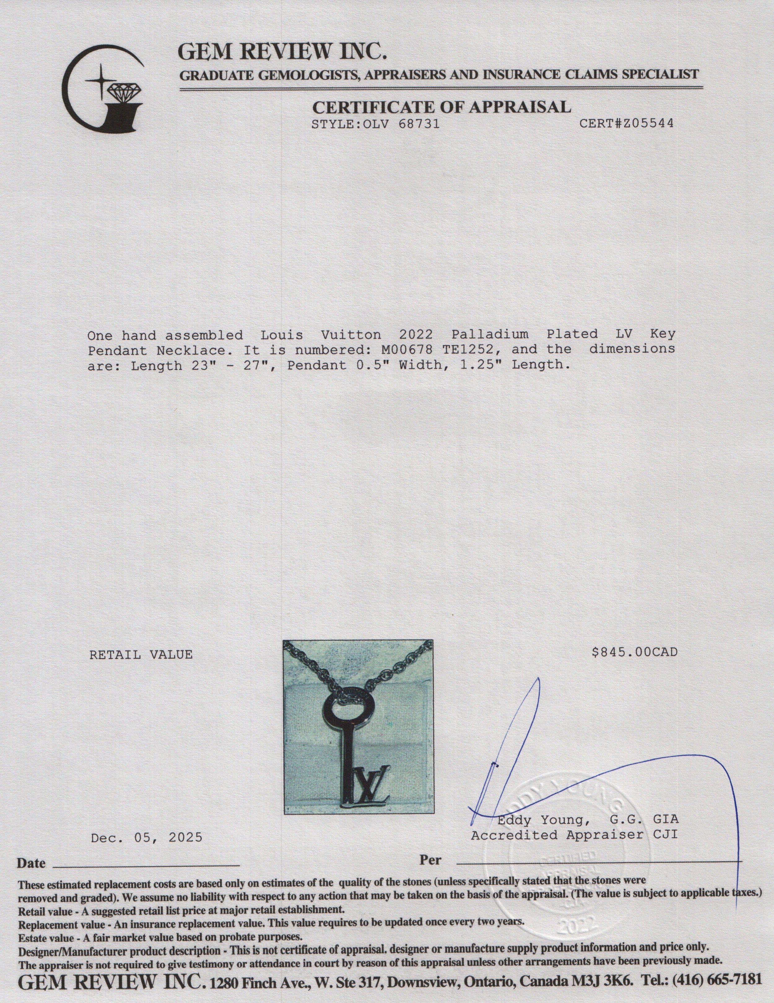 Louis Vuitton 2022 Palladium Plated LV Key Pendant Necklace w/ Box