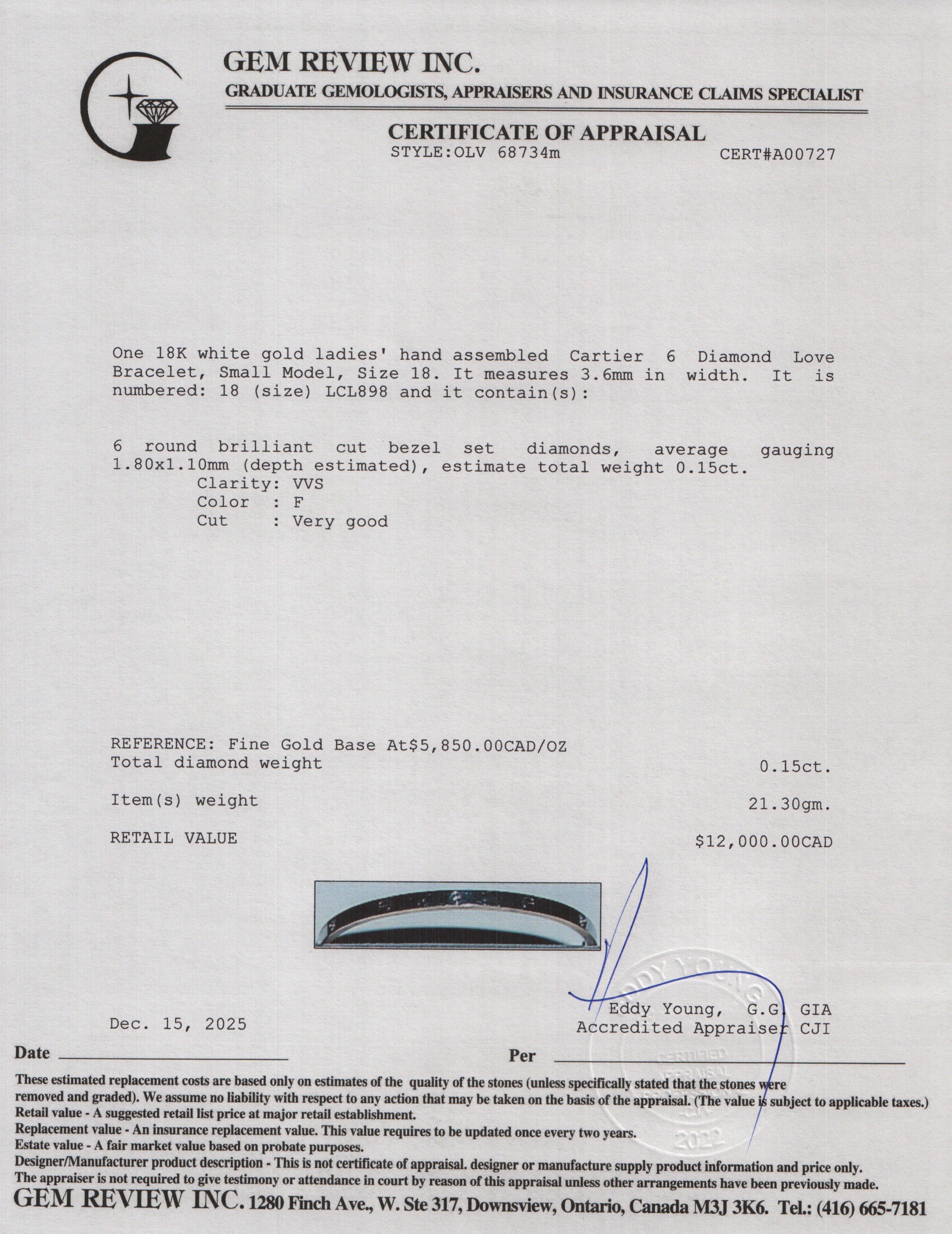 Cartier 2021 18k White Gold 6 Diamond Love Bracelet, Small Model, Size 18 w/ Box & Certificate