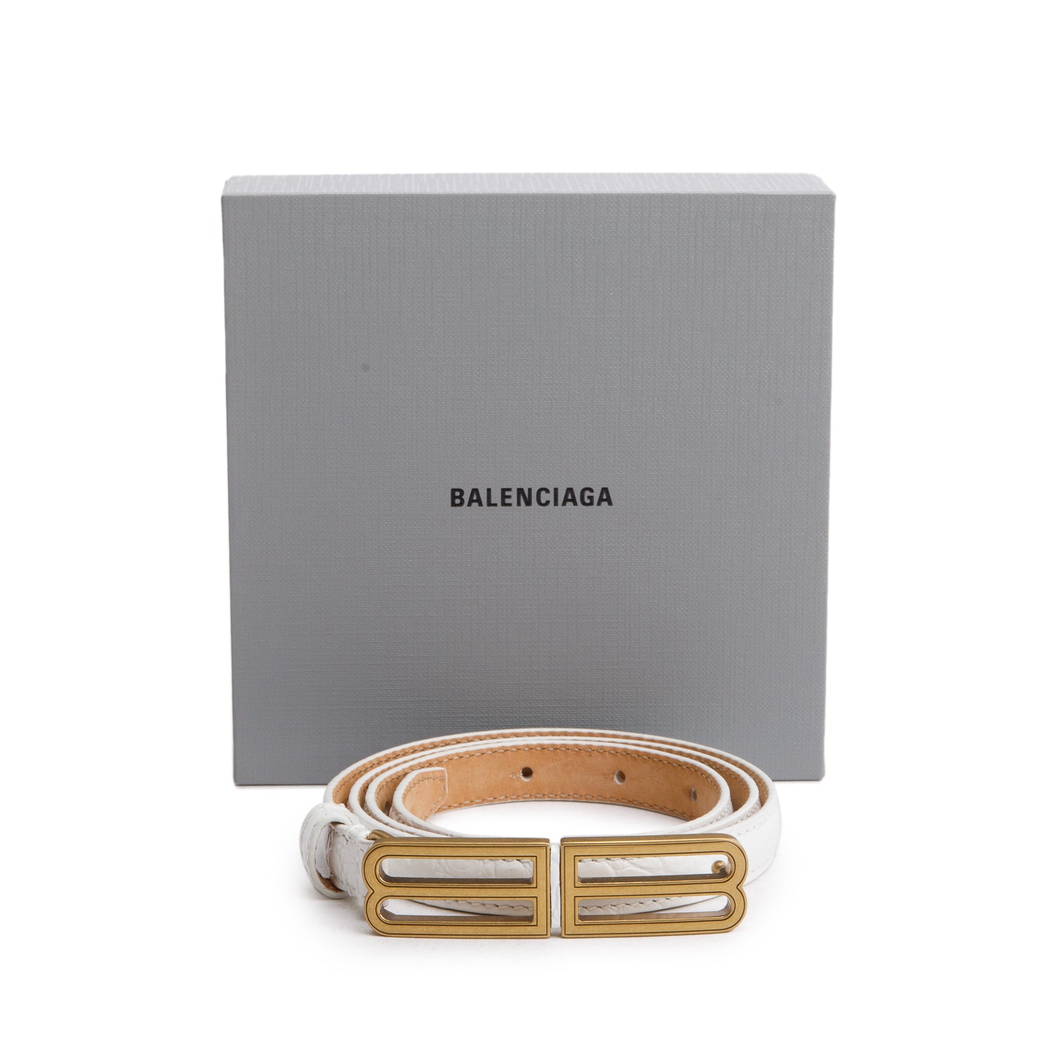 Balenciaga White Croc Embossed Leather BB Thin Belt 80 w/ Box