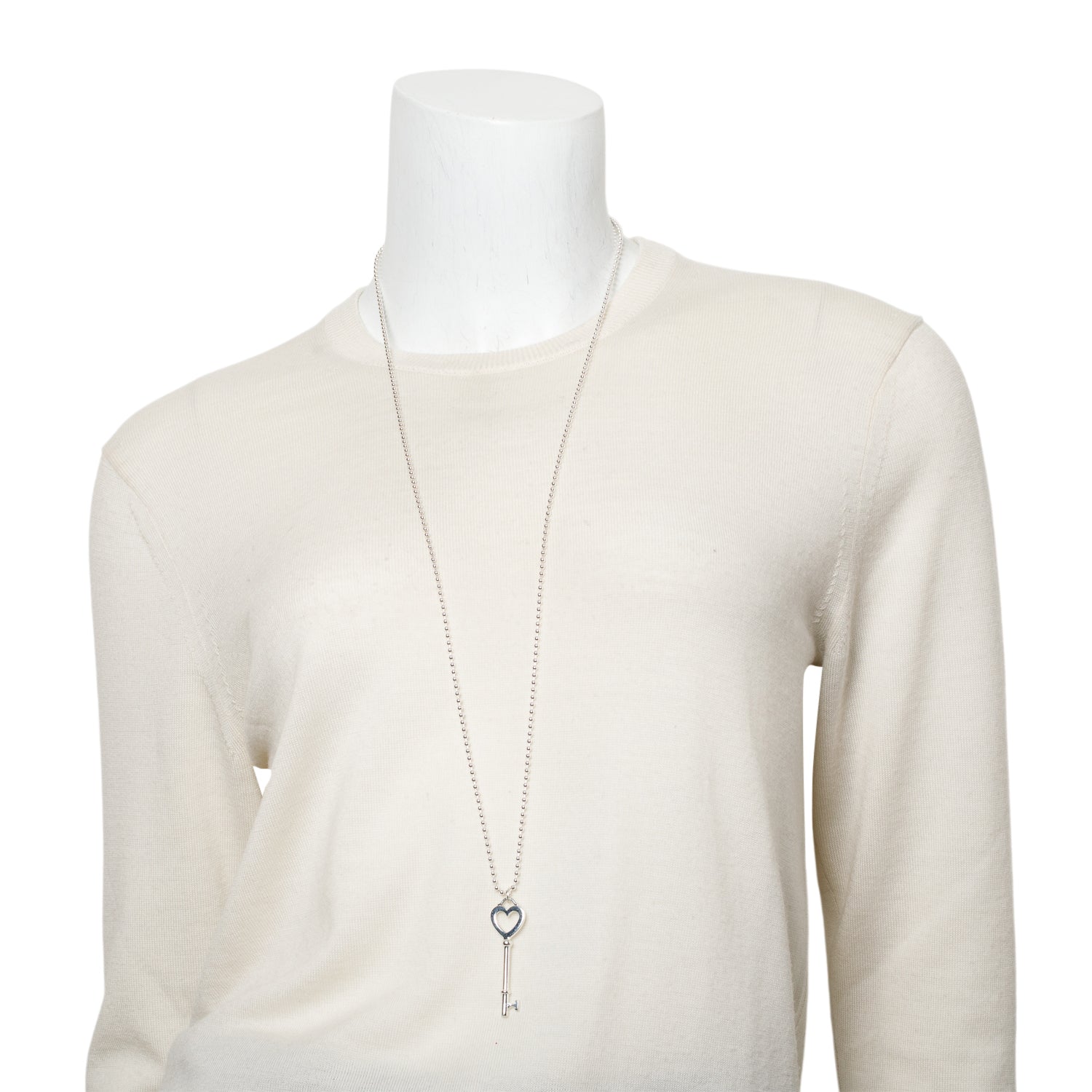 Tiffany & Co. Sterling Silver Large Heart Key Pendant on Beaded Chain Necklace