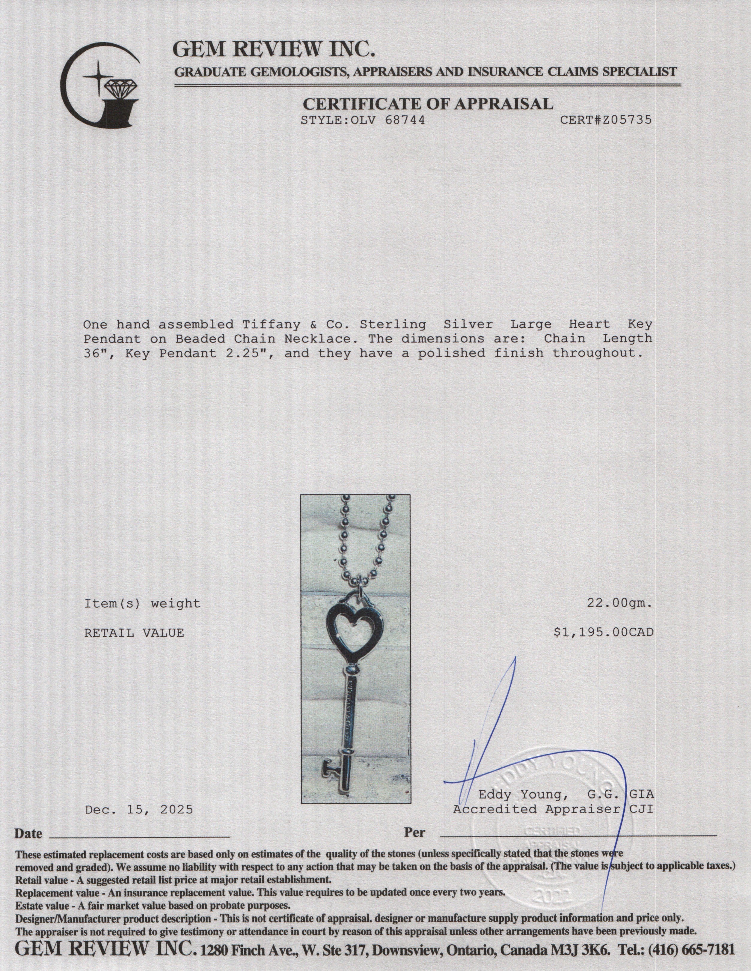 Tiffany & Co. Sterling Silver Large Heart Key Pendant on Beaded Chain Necklace