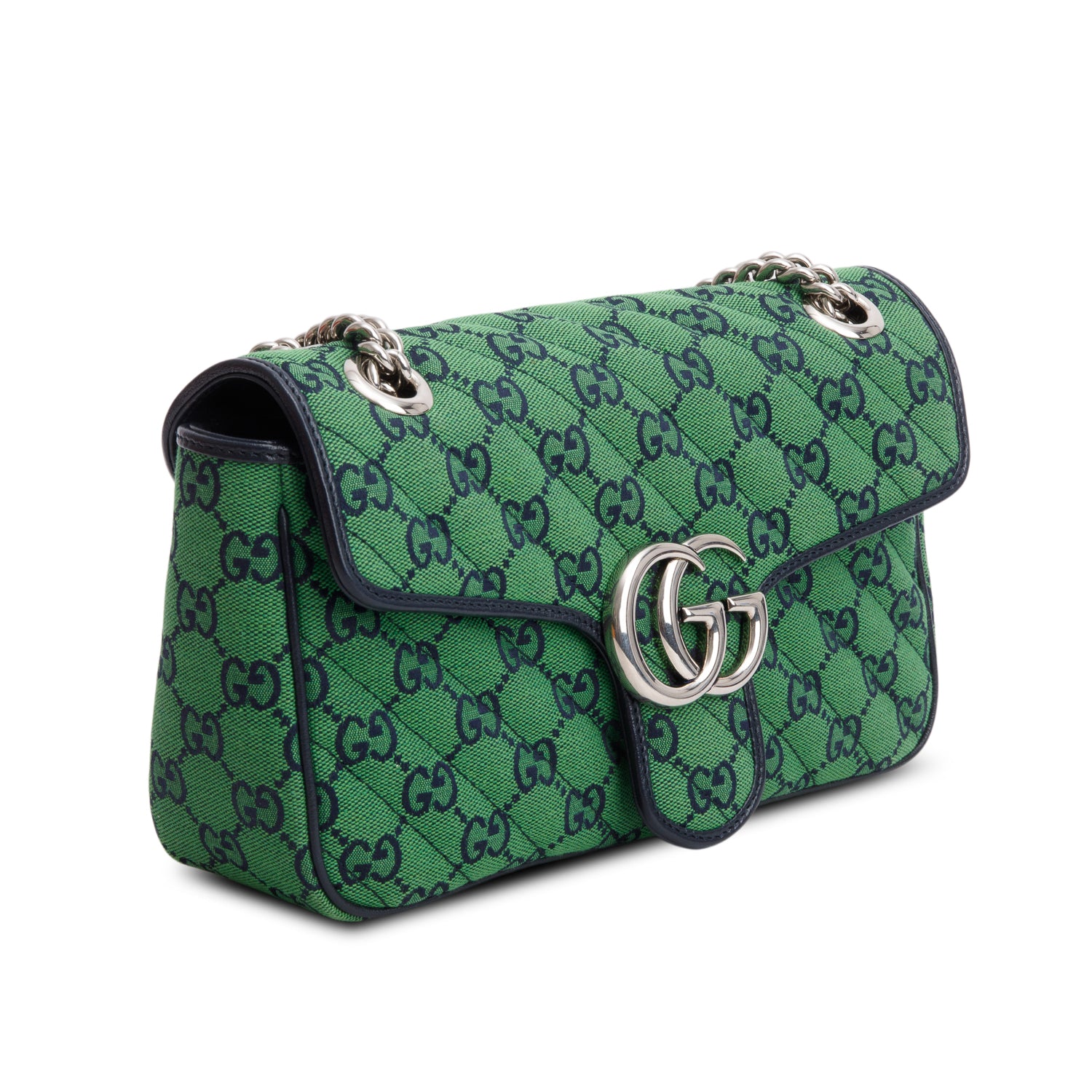 Gucci Green Monogram Matelassa Diagonal Small GG Marmont Shoulder Bag w/ Box