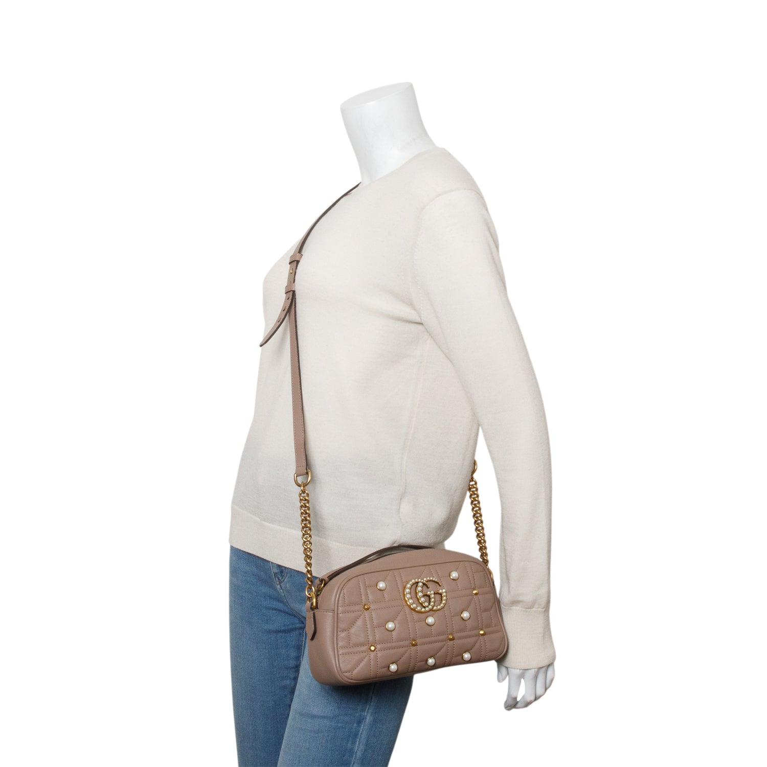 Gucci Beige Calfskin Matelasse Studded Small Pearly GG Marmont Shoulder Bag