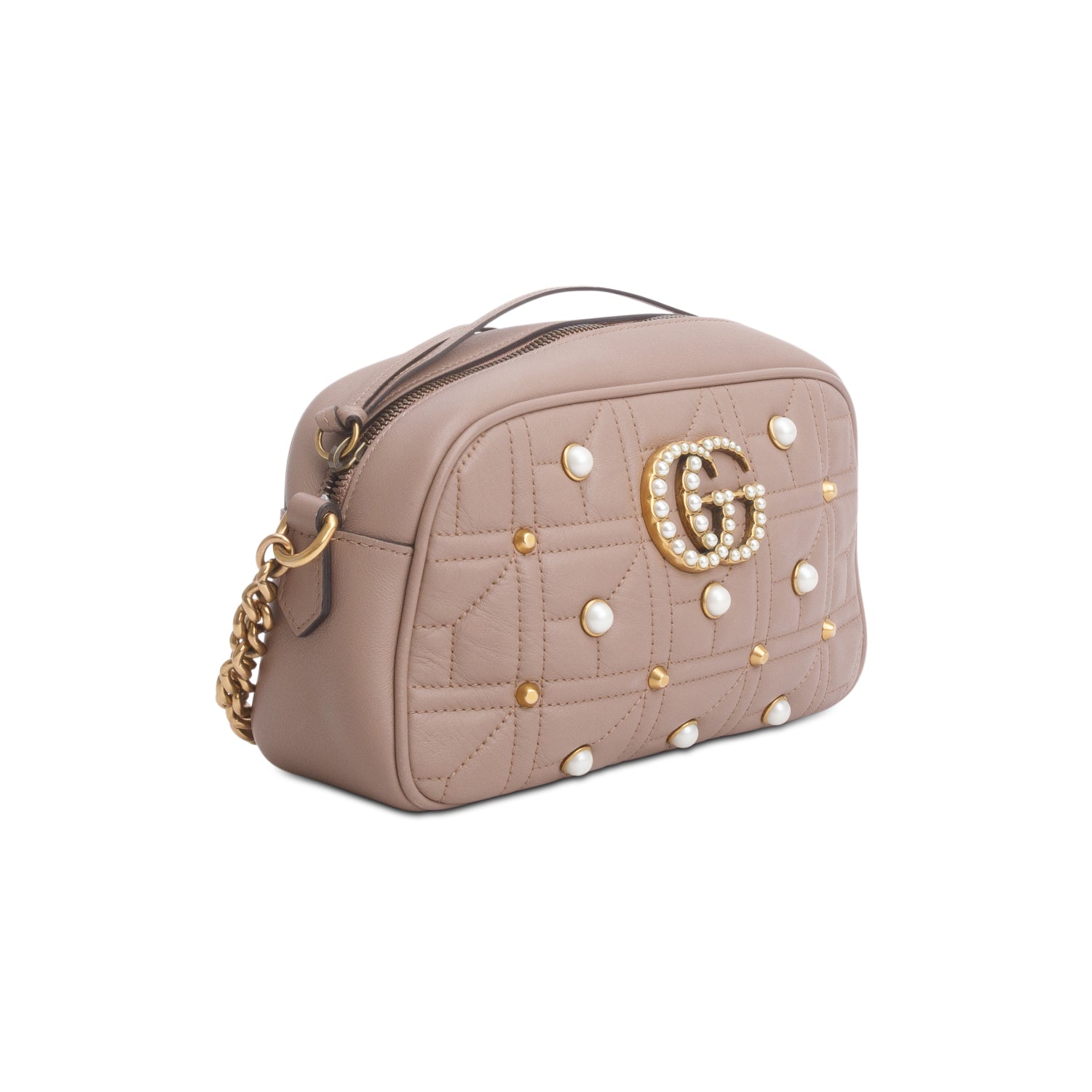 Gucci Beige Calfskin Matelasse Studded Small Pearly GG Marmont Shoulder Bag