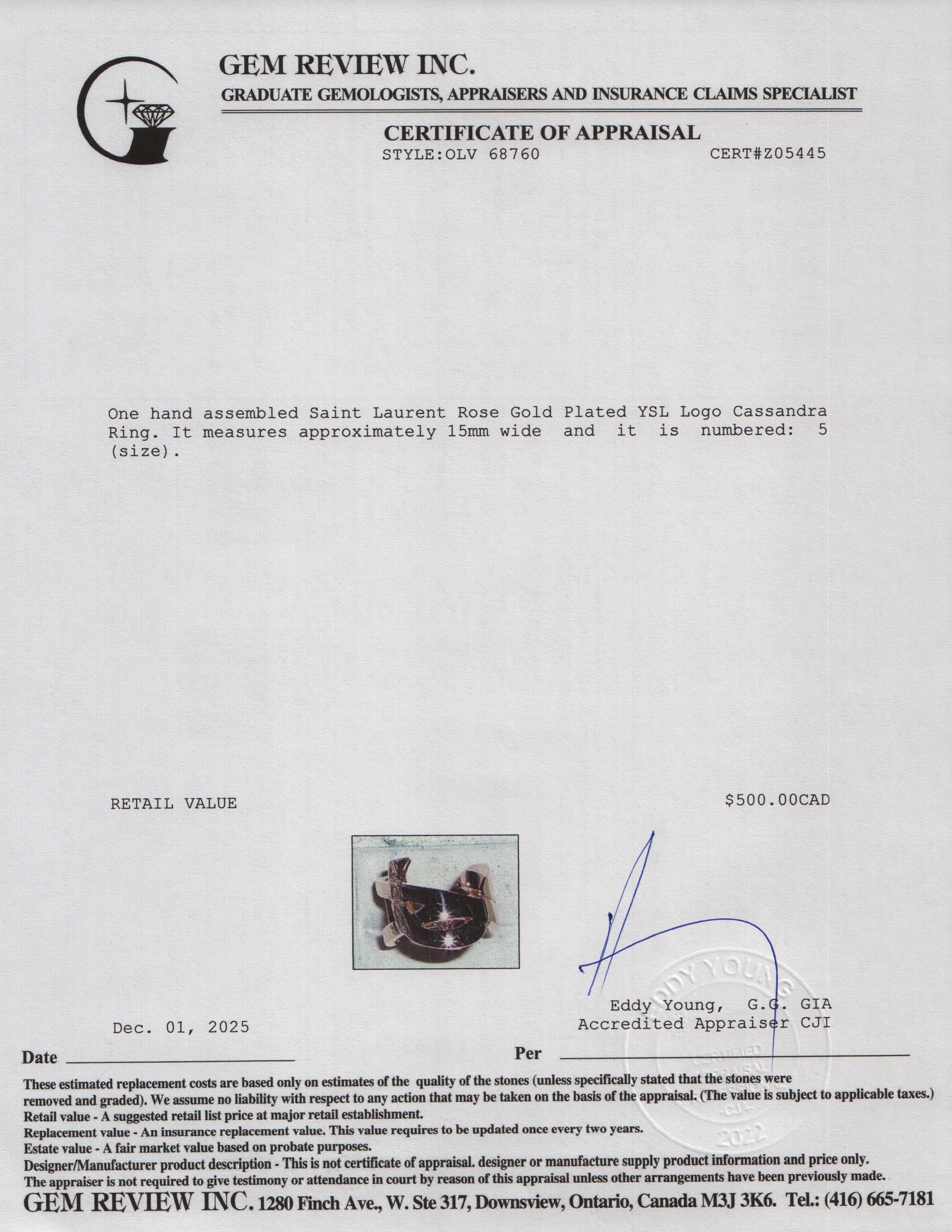 Saint Laurent Rose Gold Plated YSL Logo Cassandra Ring, Size 5.25