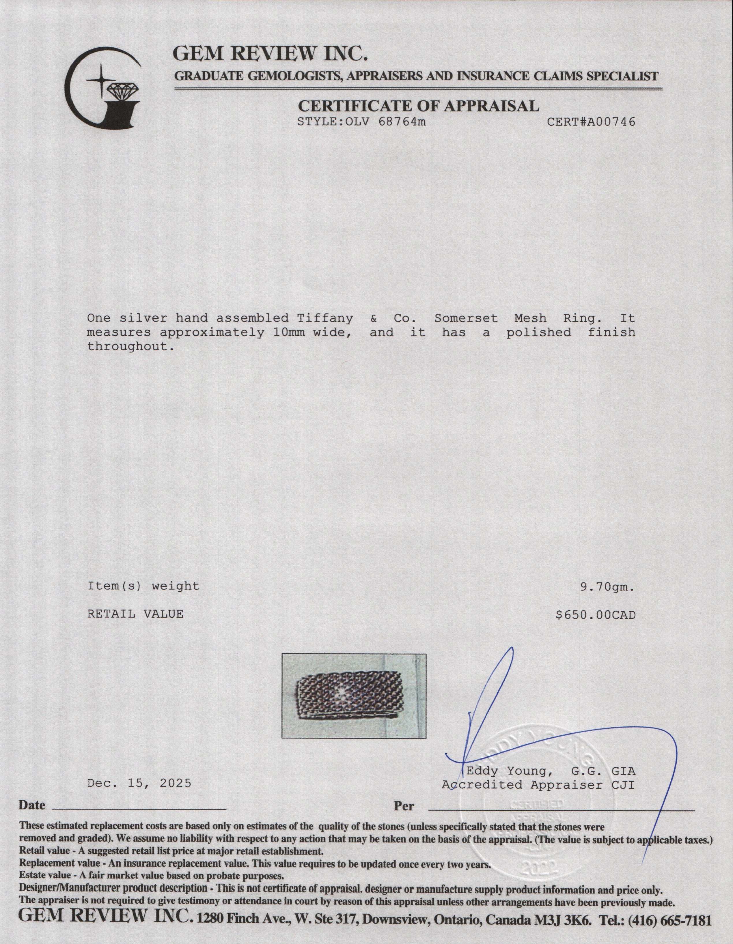 Tiffany & Co. Sterling Silver Somerset Mesh Ring, Size 9.25