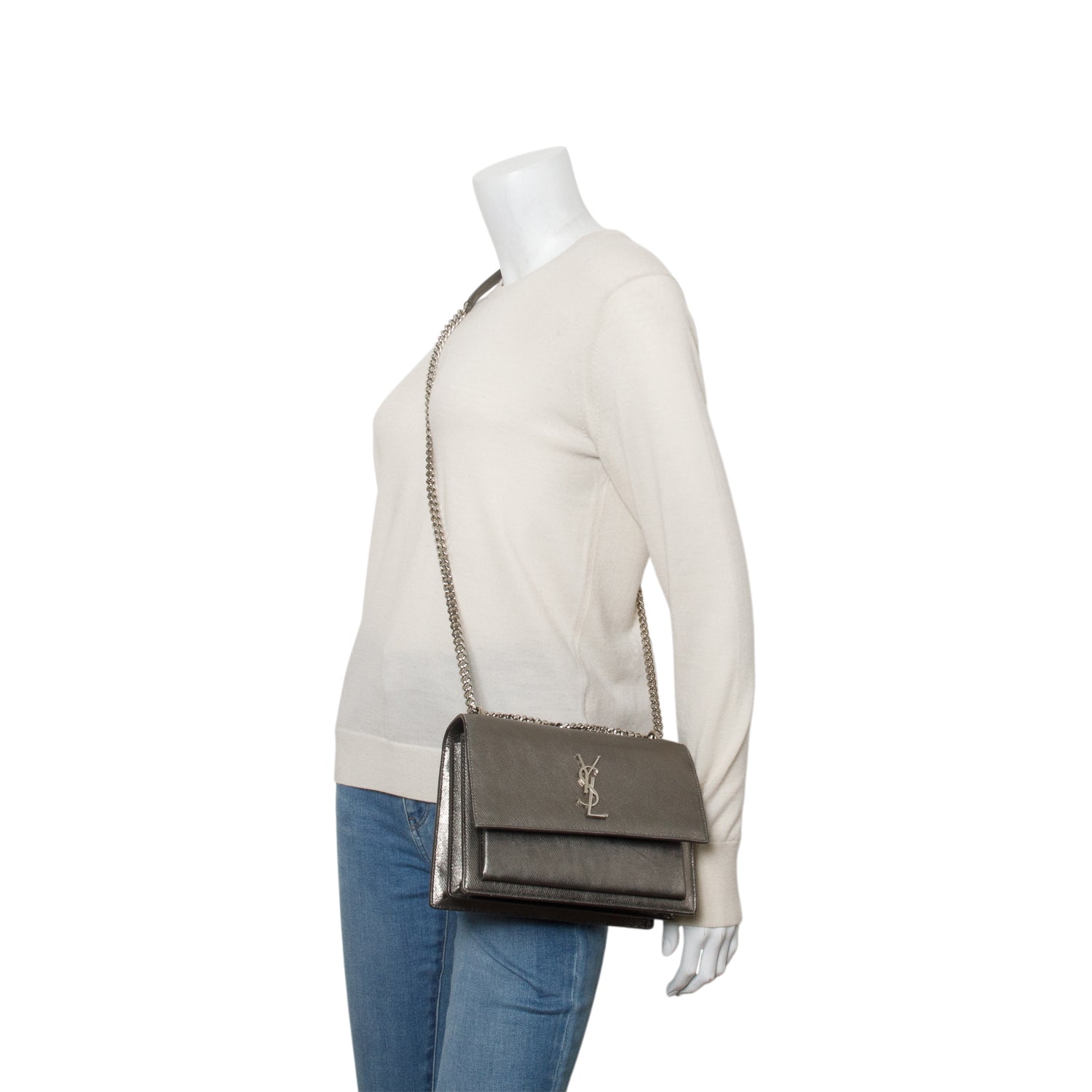 Saint Laurent Grey Metallic Grain de Poudre Leather Medium Sunset Bag