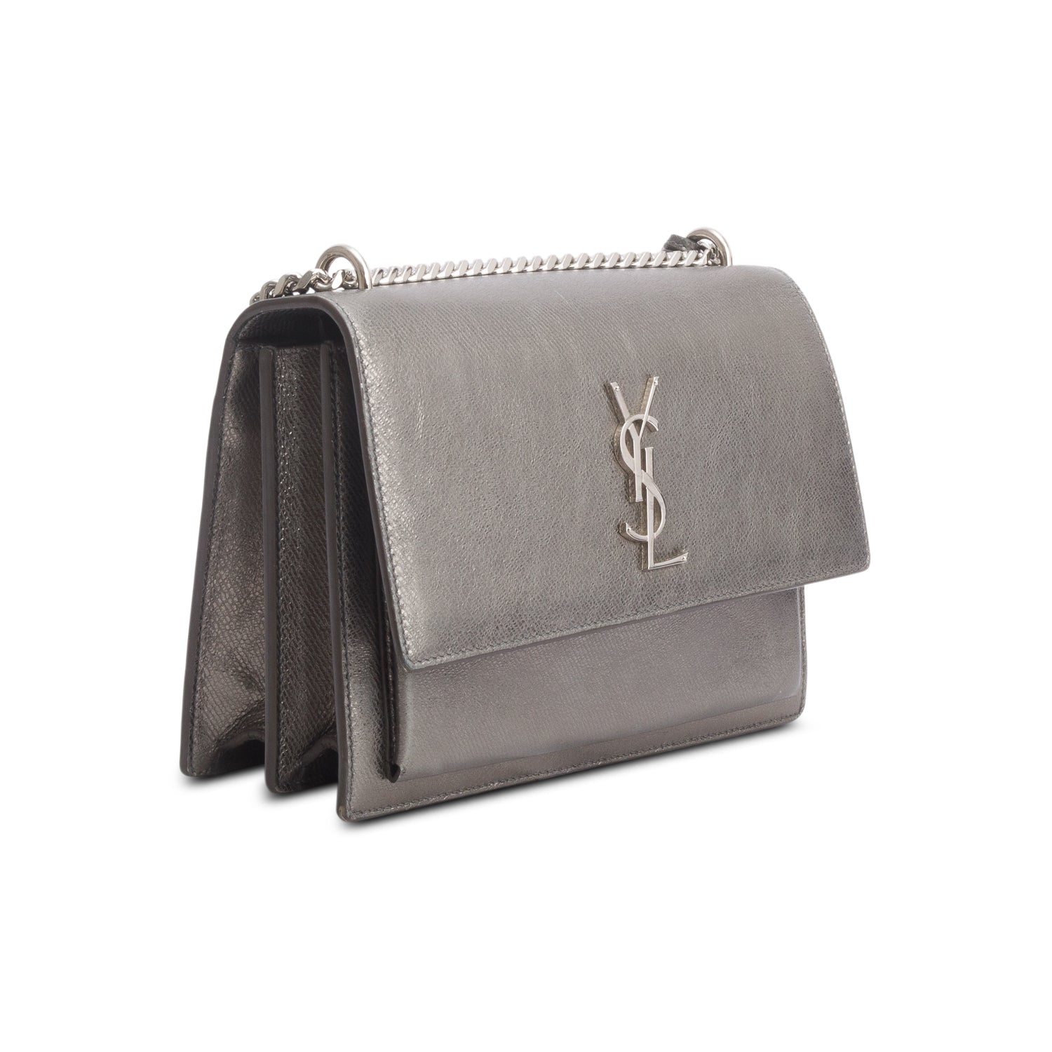 Saint Laurent Grey Metallic Grain de Poudre Leather Medium Sunset Bag