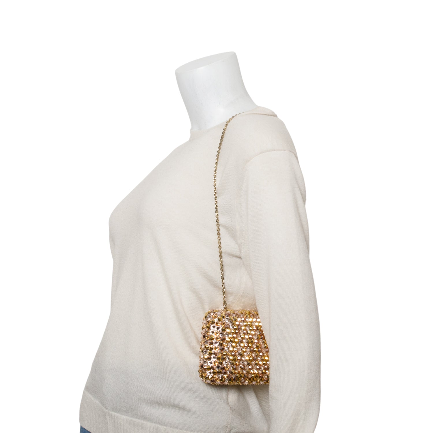 Judith Leiber Gold Sleek Rectangle Gems Clutch w/ Chain