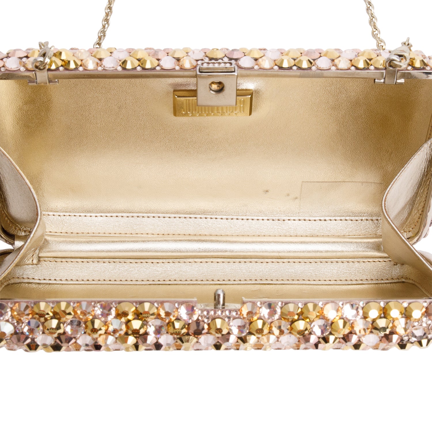 Judith Leiber Gold Sleek Rectangle Gems Clutch w/ Chain