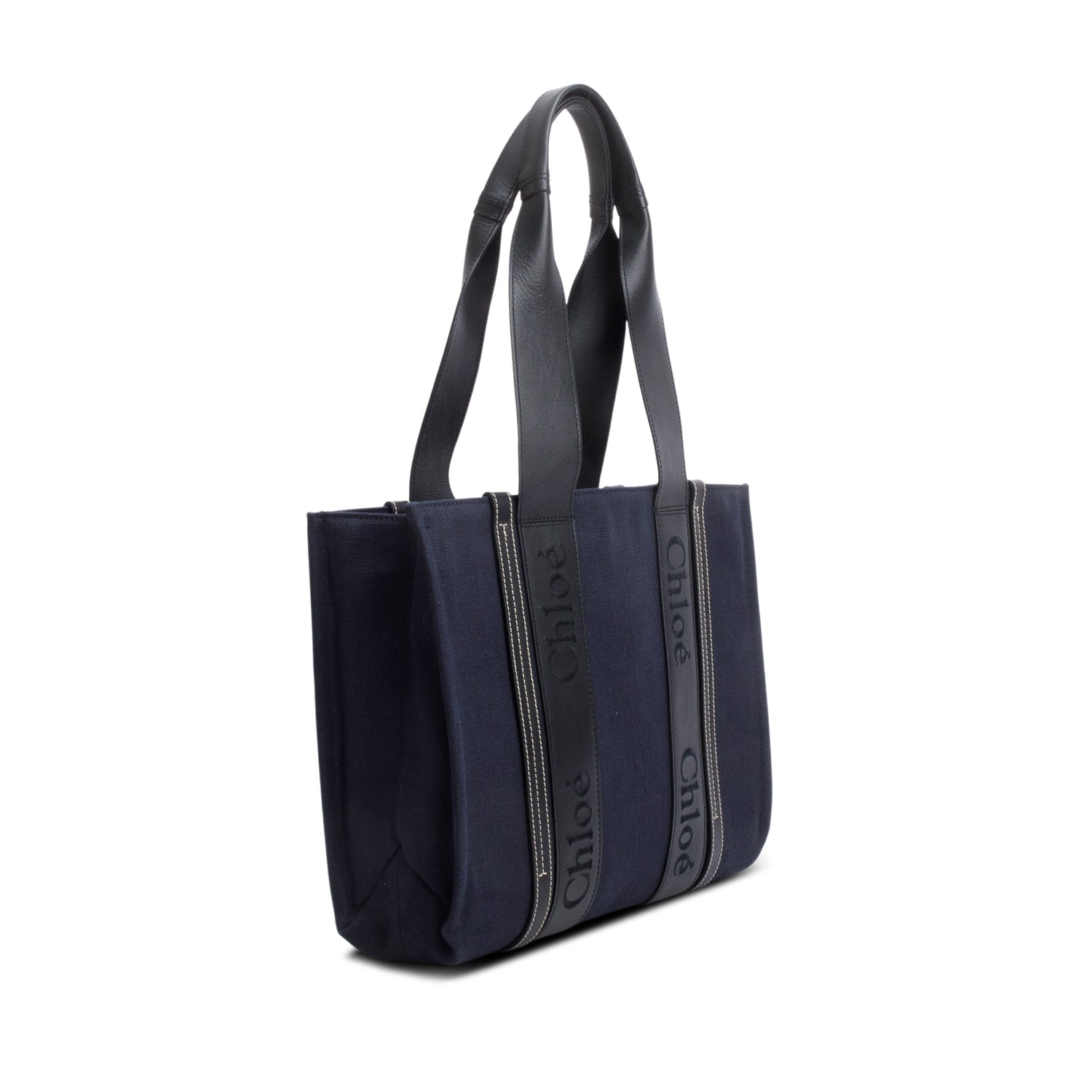Chloe Blue Calfskin Linen Medium Denim Woody Tote Bag