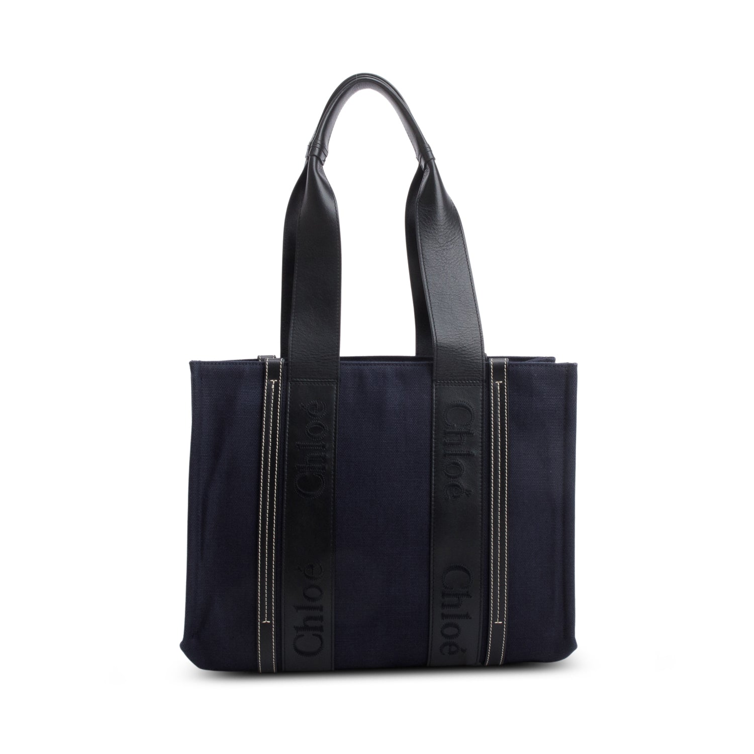 Chloe Blue Calfskin Linen Medium Denim Woody Tote Bag