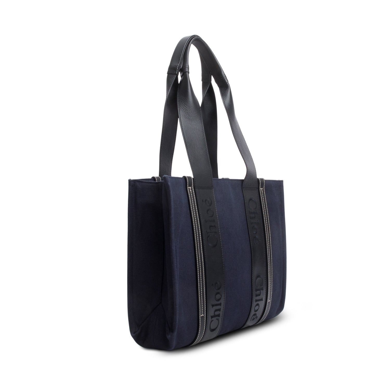 Chloe Blue Calfskin Linen Medium Denim Woody Tote Bag