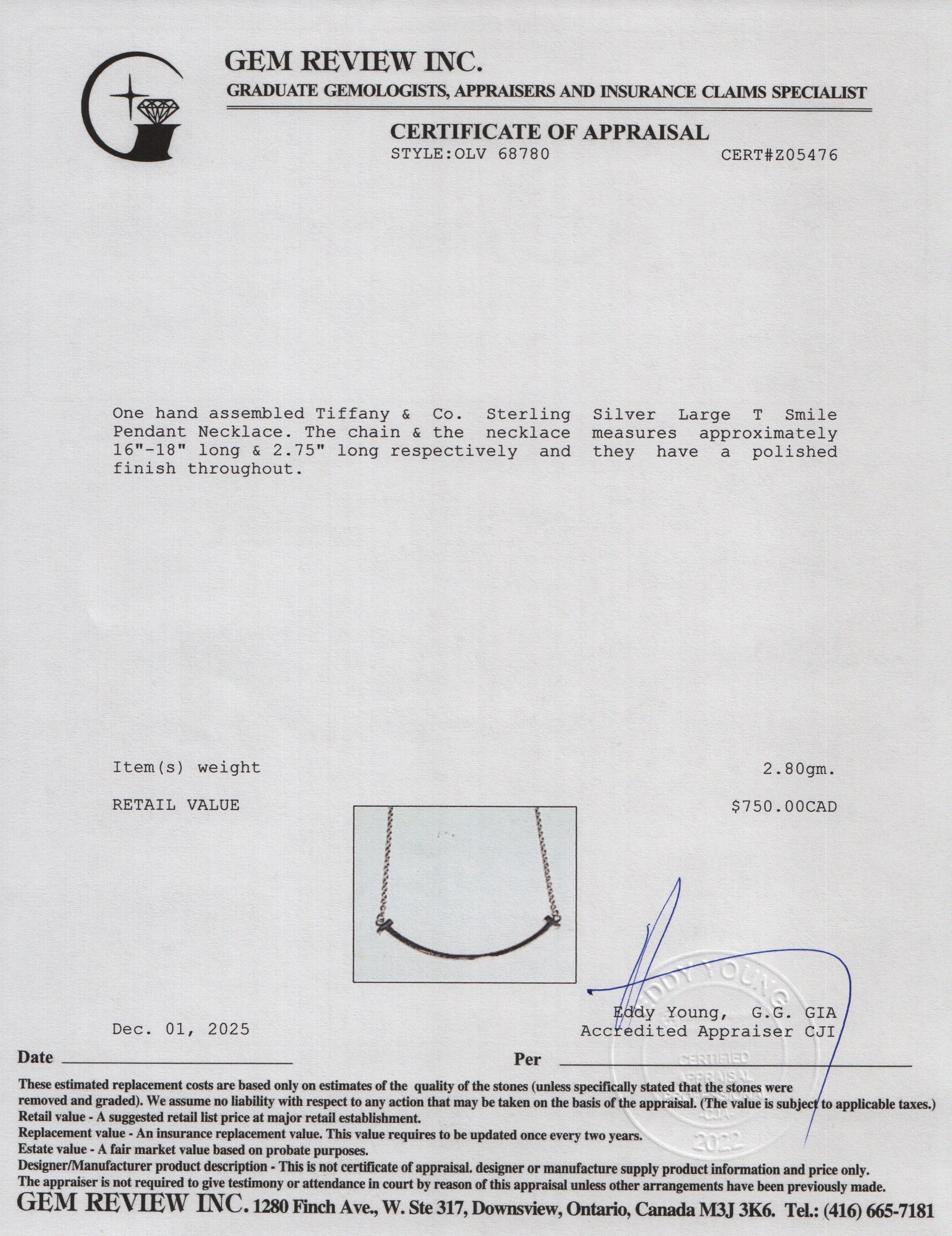 Tiffany & Co. Sterling Silver Large T Smile Pendant Necklace