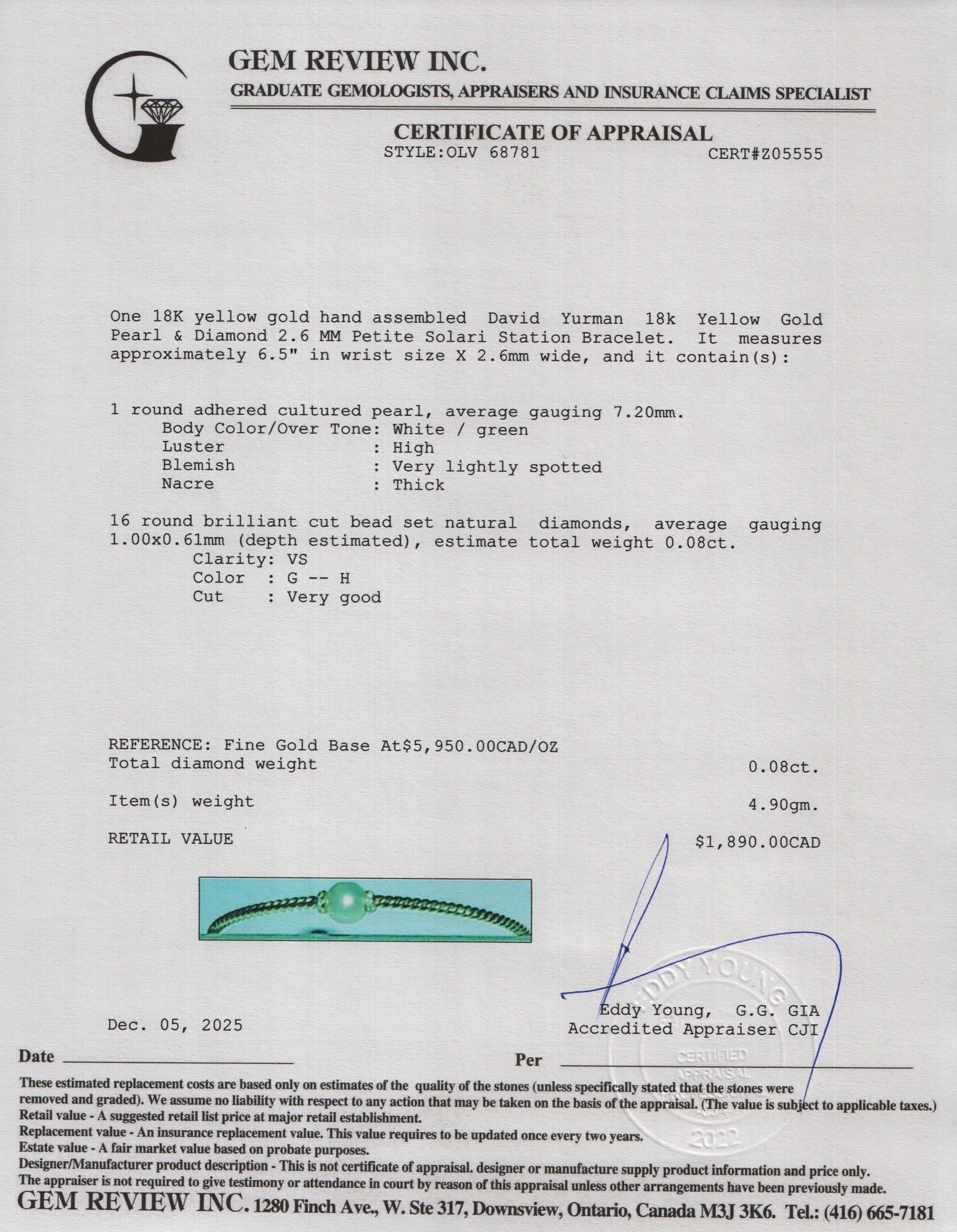 David Yurman 18k Yellow Gold Pearl & Diamond 2.6 MM Petite Solari Station Bracelet w/ Box