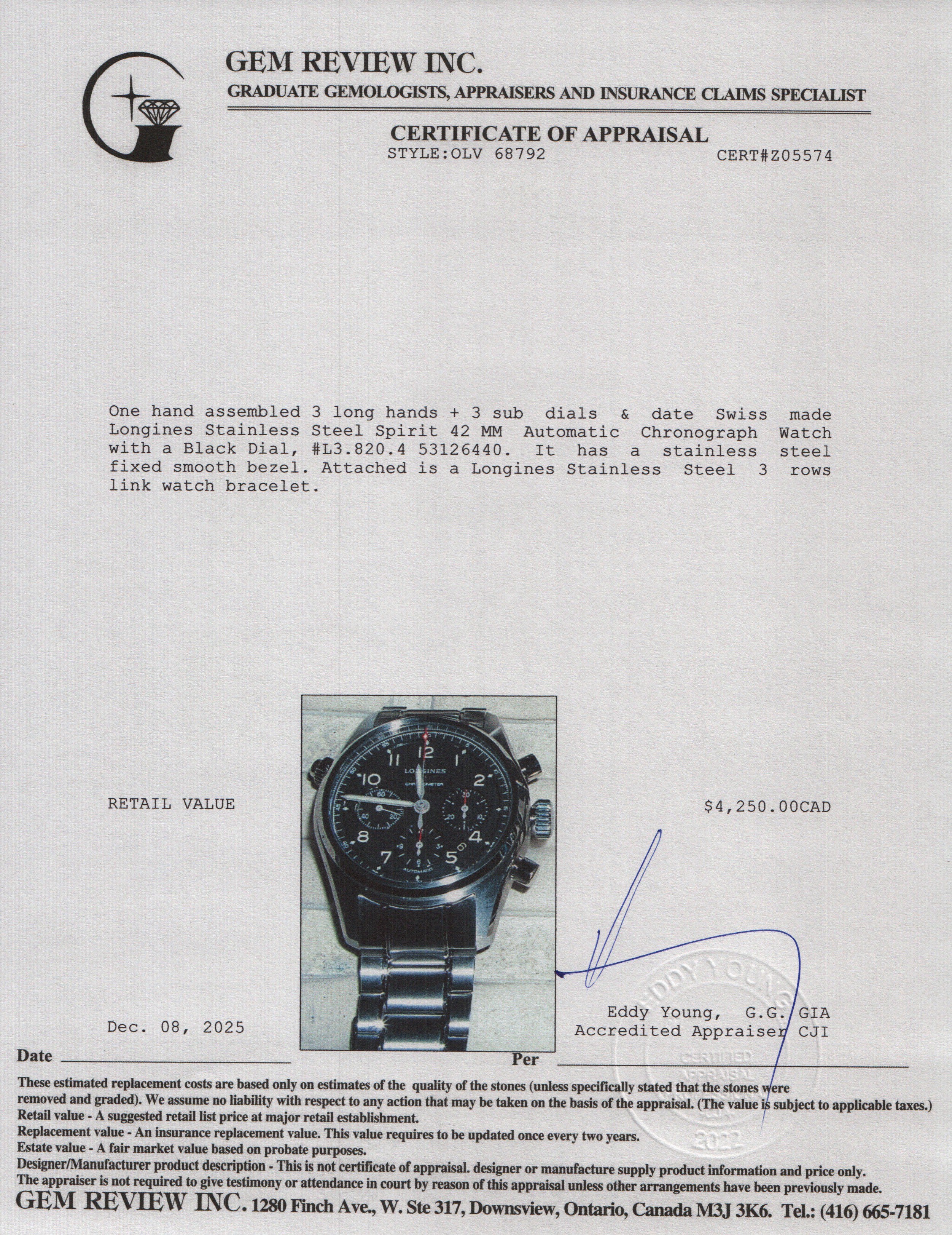 Longines Stainless Steel Spirit 42 MM Automatic Chronograph Watch Black Dial w/ Box & Papers