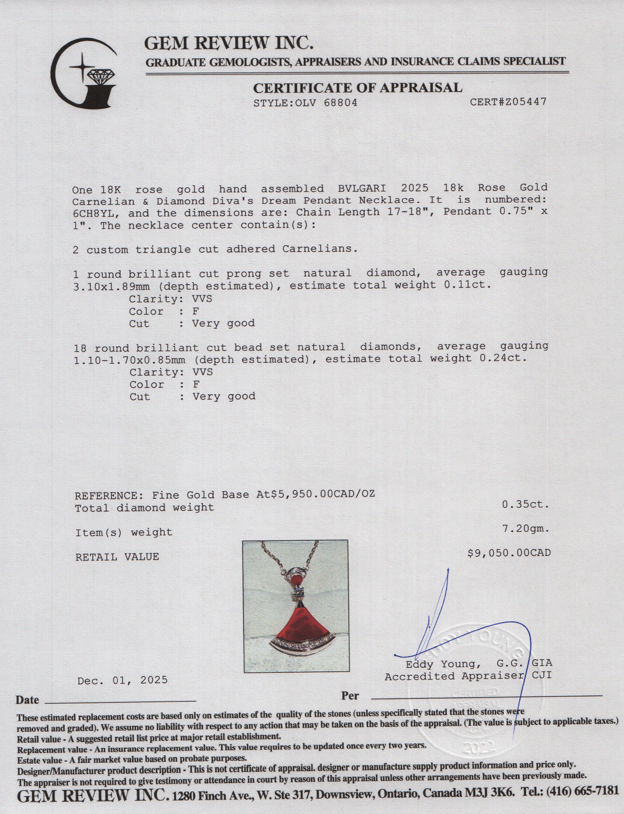 BVLGARI 2025 18k Rose Gold Carnelian & Diamond Diva's Dream Pendant Necklace w/ Box & Certificate