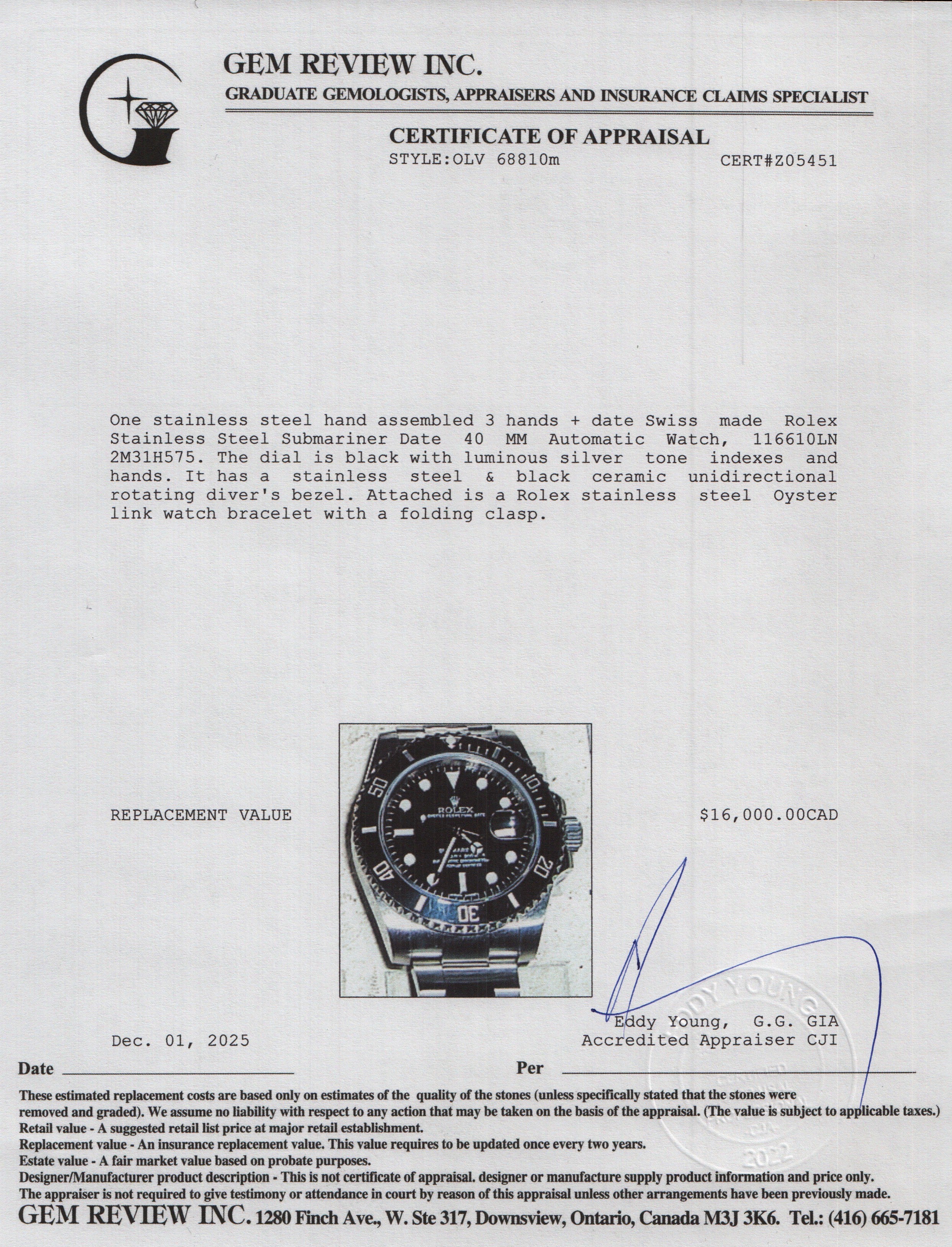 Rolex Stainless Steel Submariner Date 40 MM Automatic Watch Black Dial 116610LN w/ Box & Papers