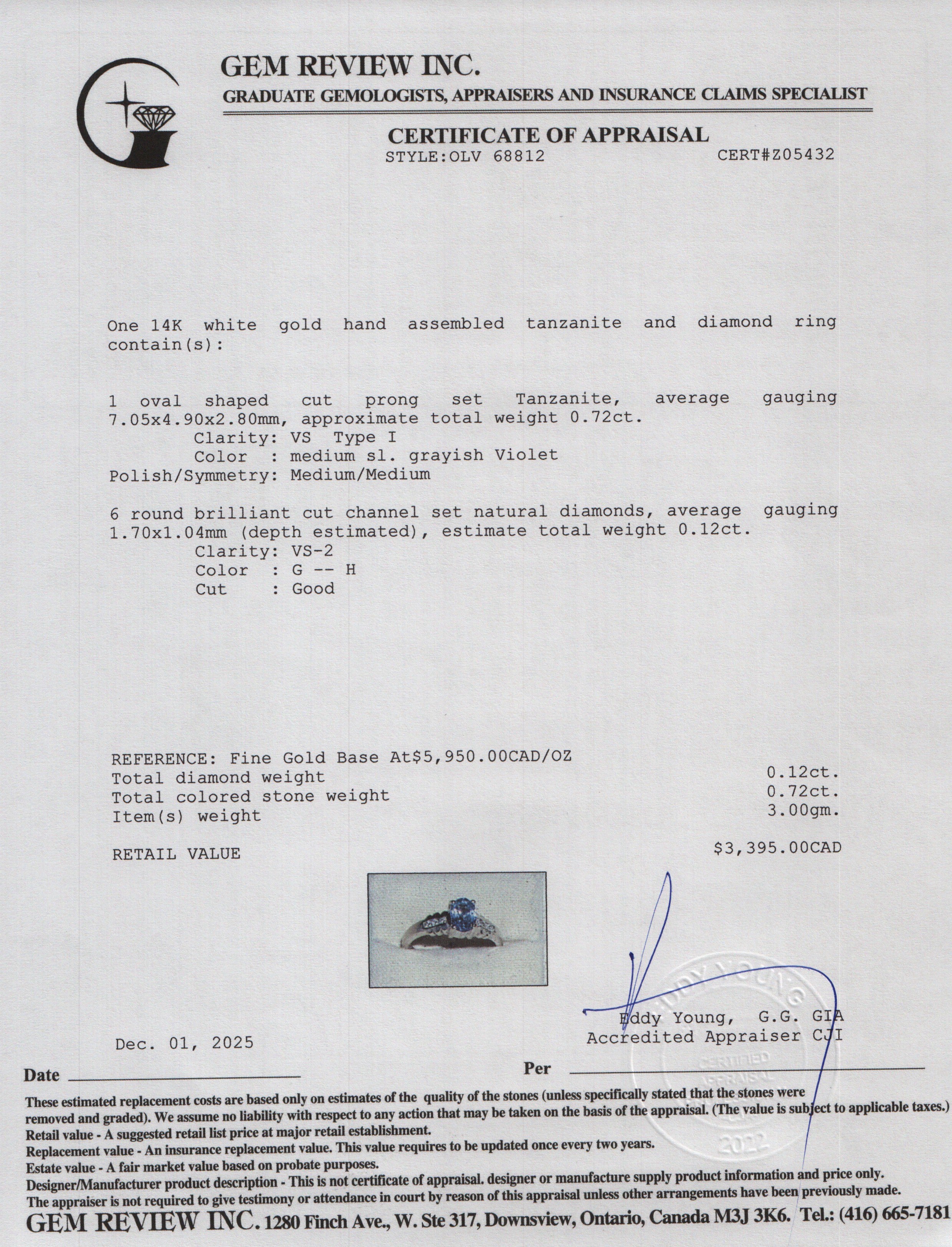 14k White Gold Tanzanite & Diamond Ring, Size 6.25