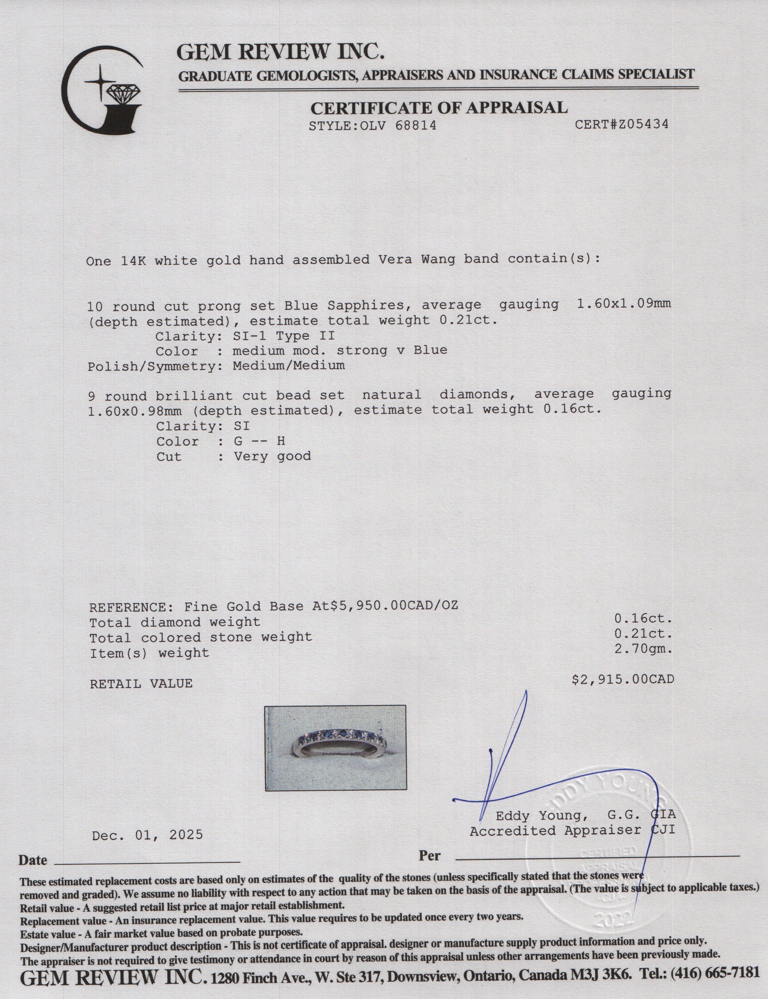 Vera Wang 14k White Gold Sapphire & Diamond Band Ring, Size 6.5