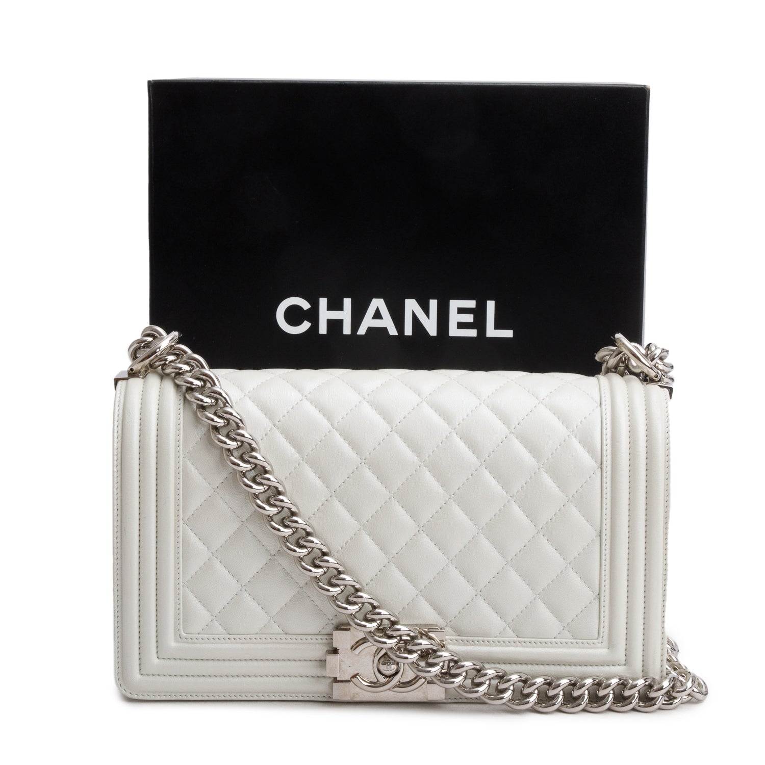 Chanel Pearly White Quilted Lambskin Leather Medium Boy Bag w/ Box
