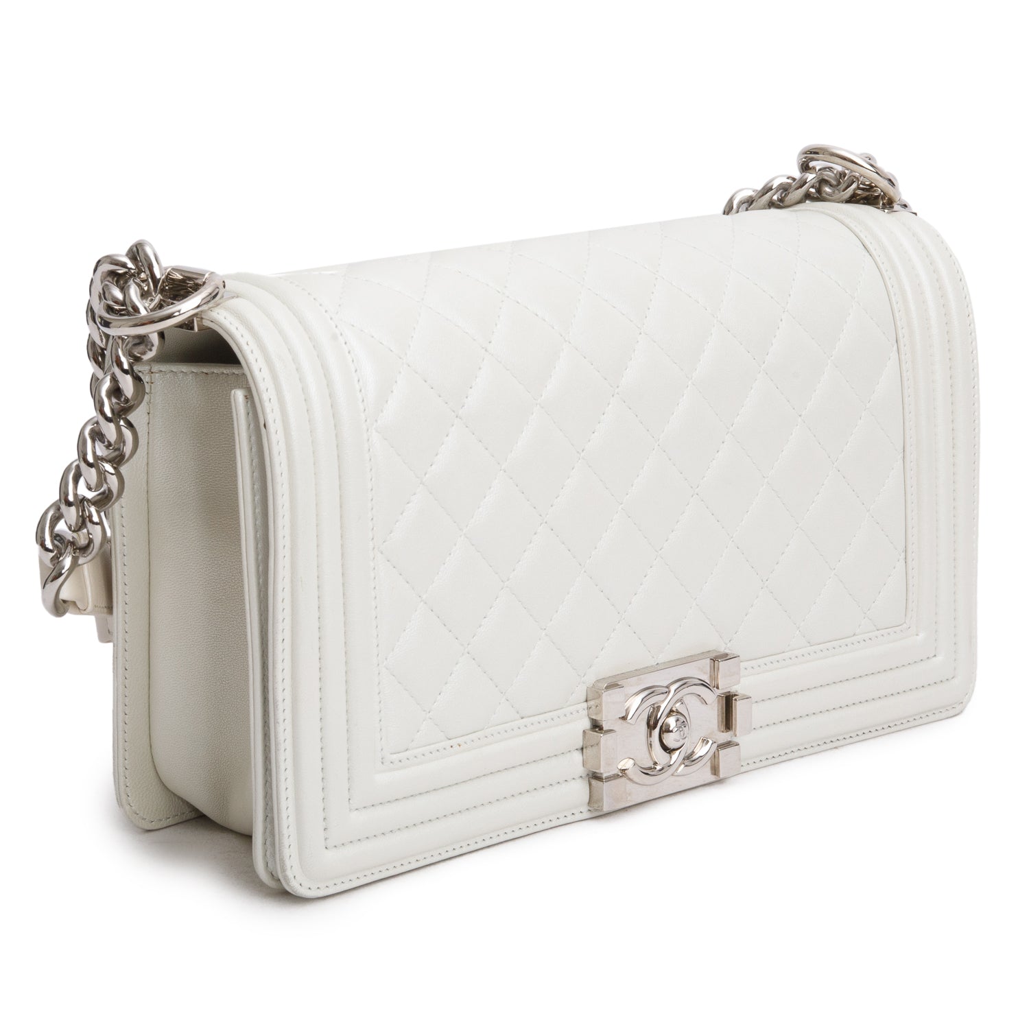Chanel Pearly White Quilted Lambskin Leather Medium Boy Bag w/ Box
