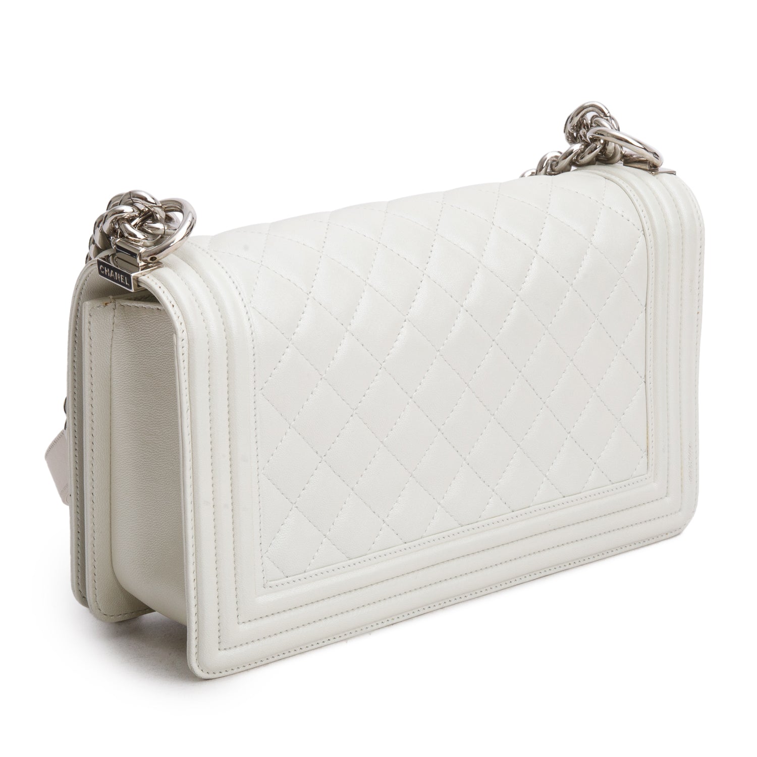 Chanel Pearly White Quilted Lambskin Leather Medium Boy Bag w/ Box