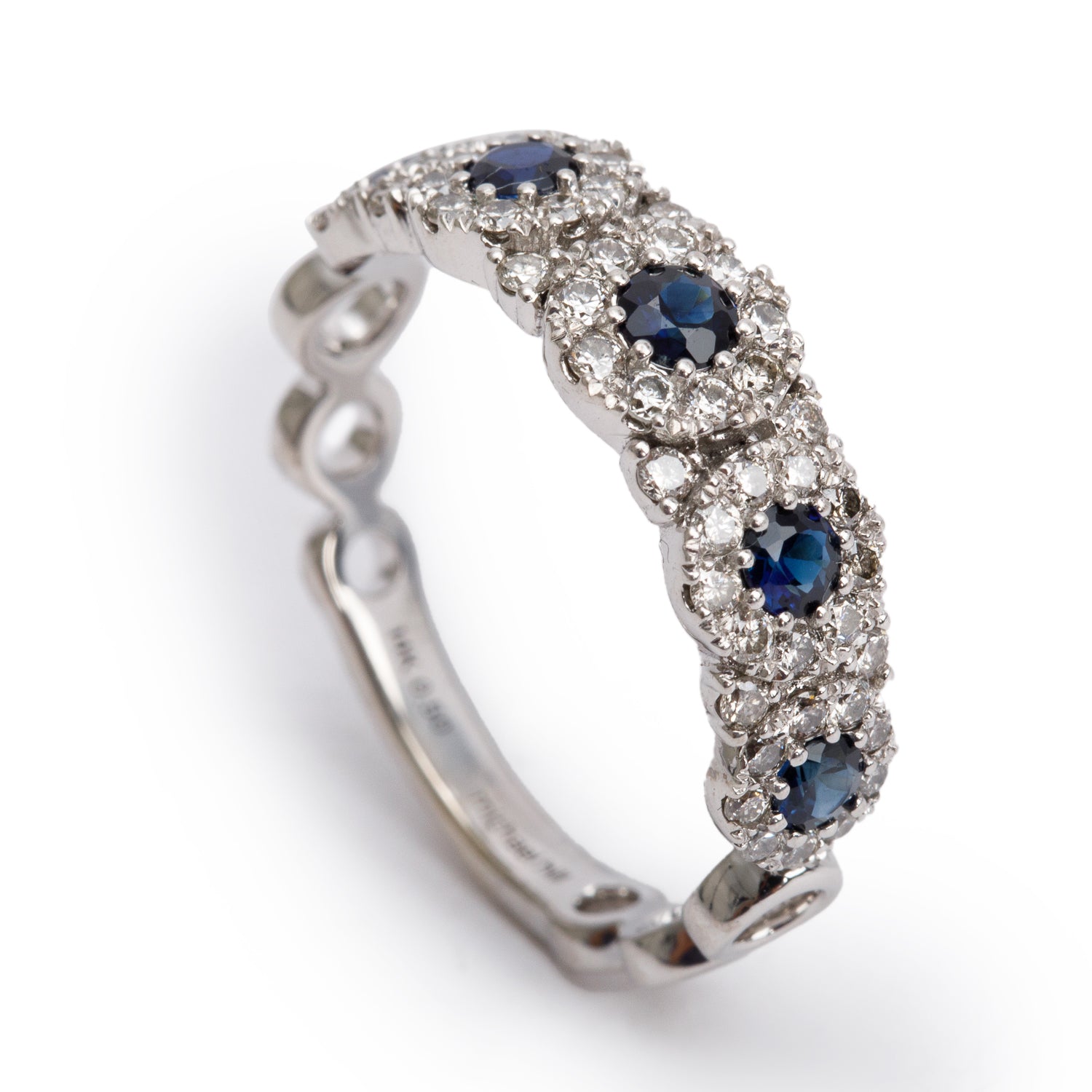 14k White Gold Sapphire and Diamond Band Ring, Size 7.25