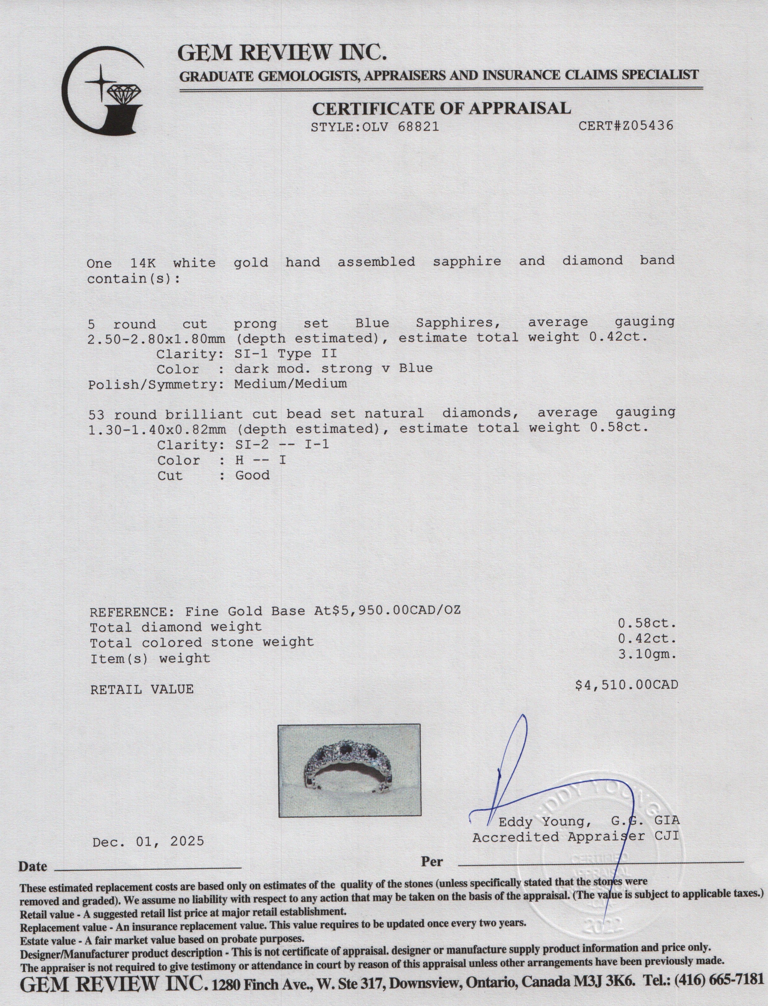 14k White Gold Sapphire and Diamond Band Ring, Size 7.25