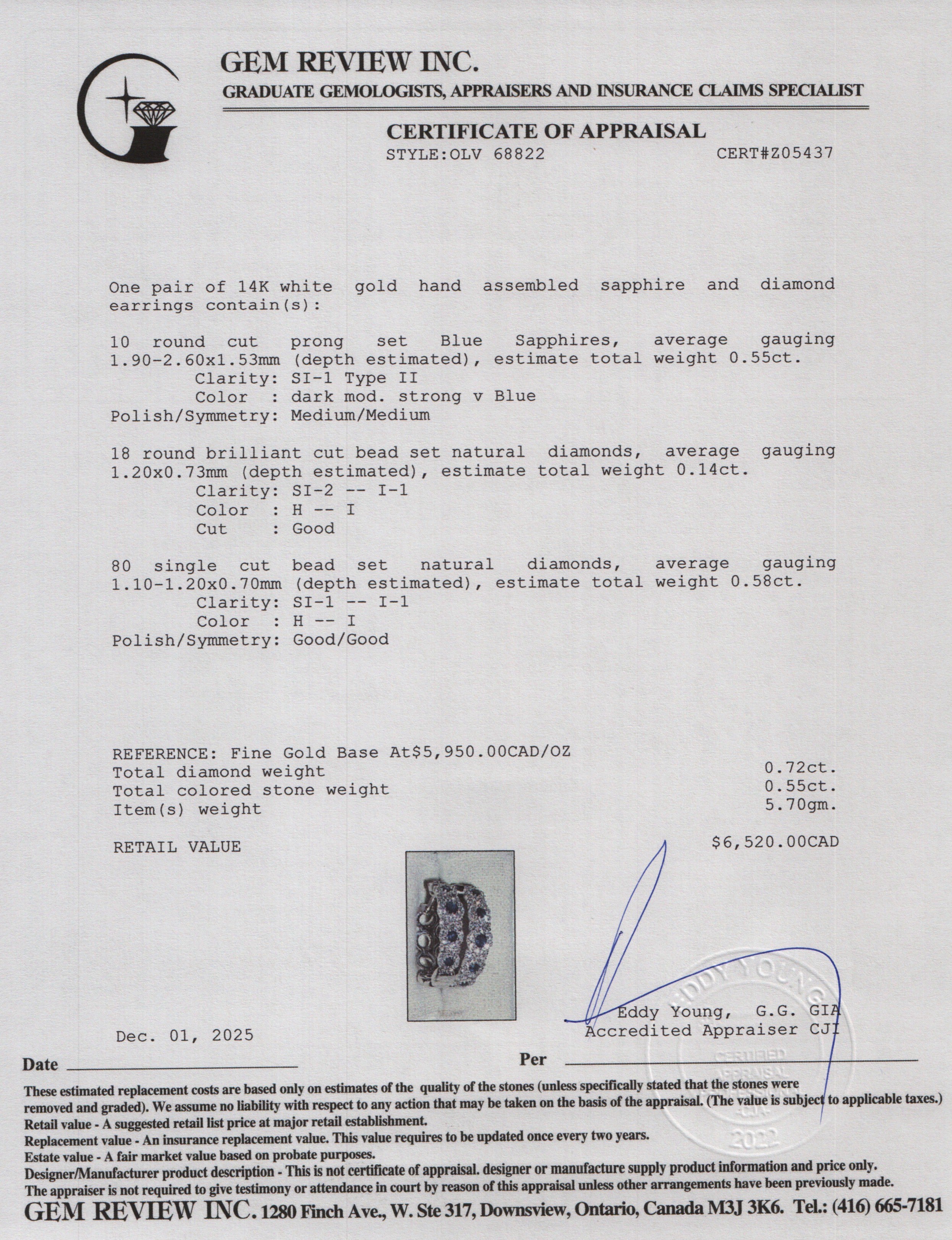 14k White Gold Blue Sapphire & Diamond Hoop Earrings