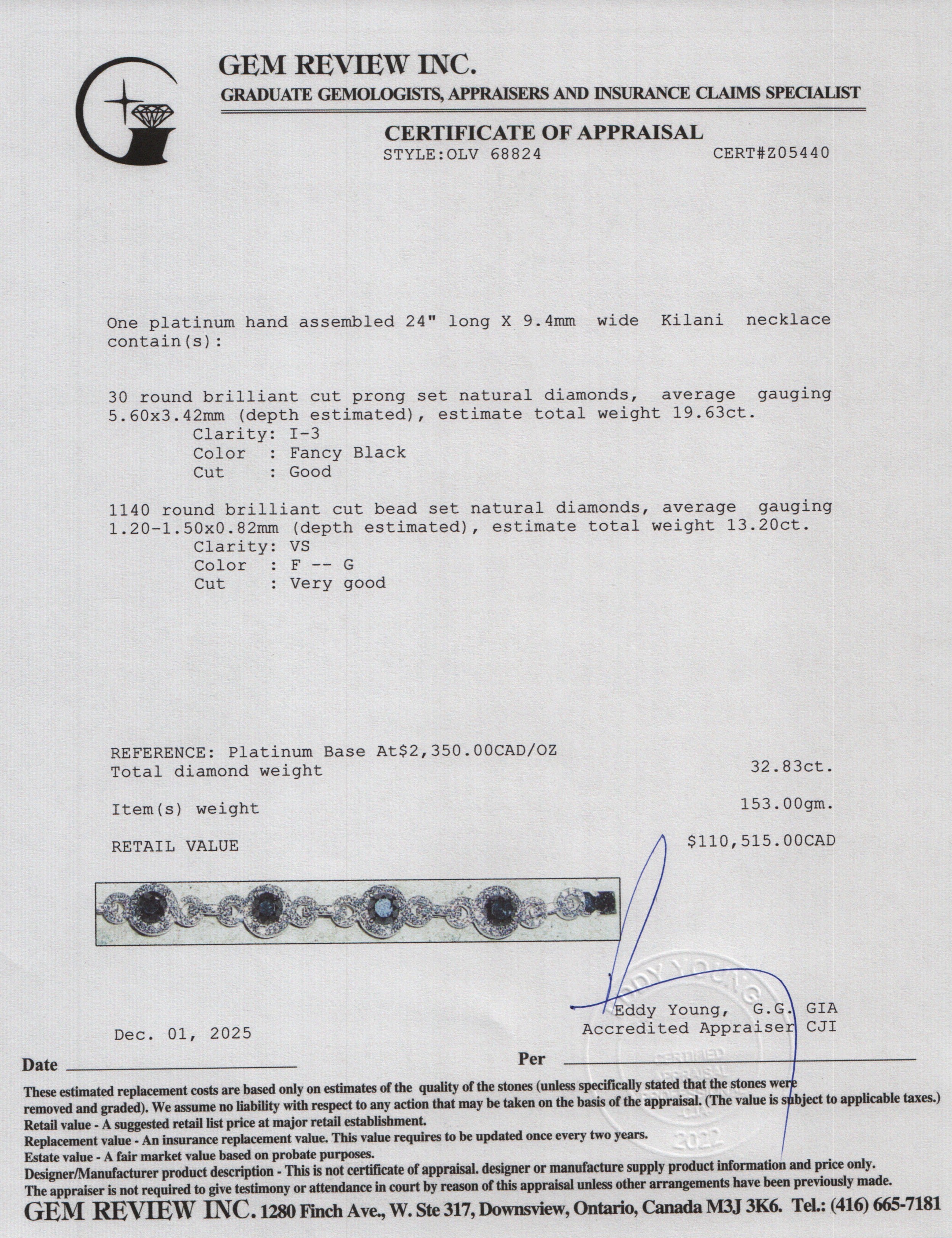 Platinum 32.83 tcw. Black & White Diamond Kilani Necklace