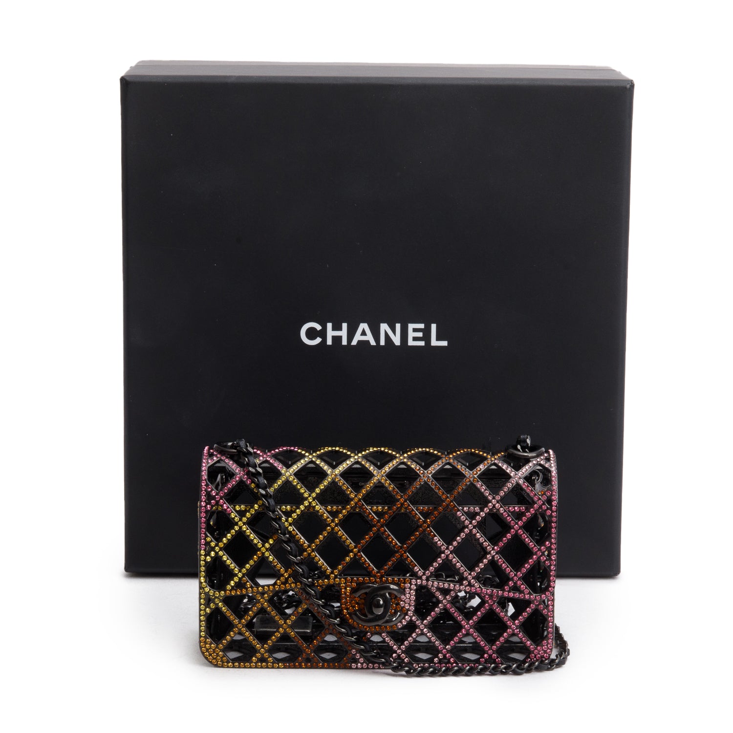 Chanel Limited Edition Black Metal Multicolor Strass Cage Mini Flap Bag w/ Box