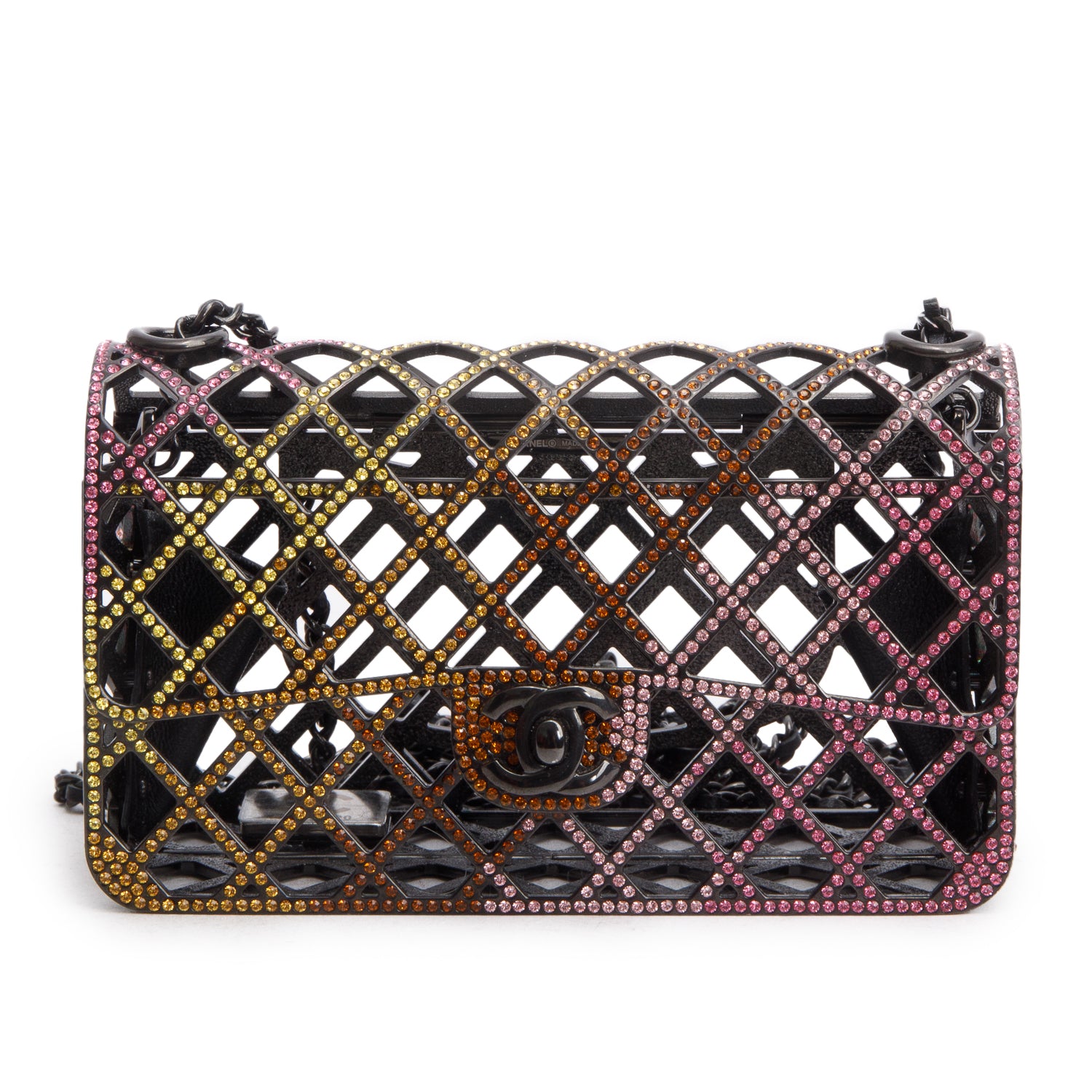 Chanel Limited Edition Black Metal Multicolor Strass Cage Mini Flap Bag w/ Box