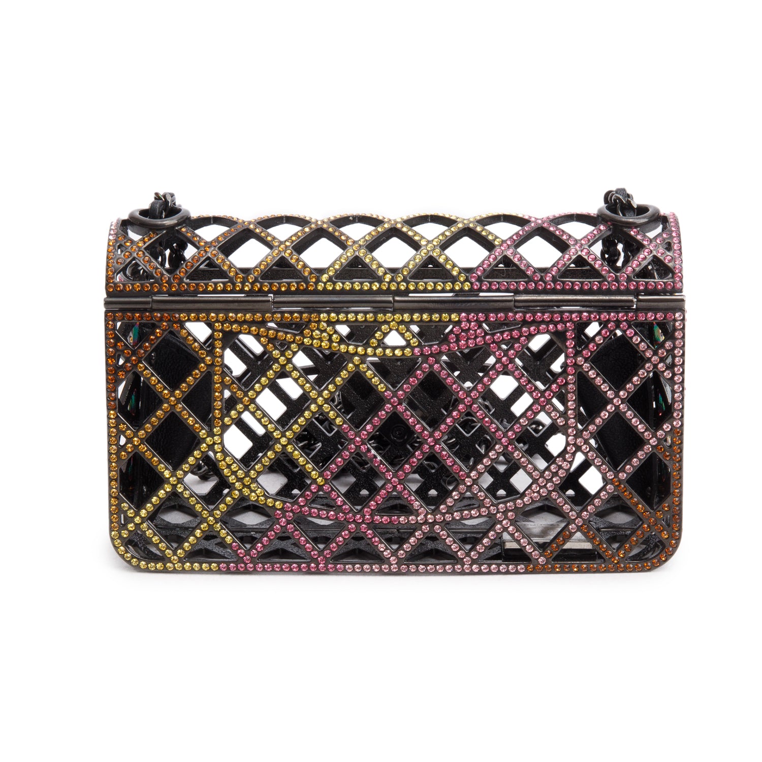 Chanel Limited Edition Black Metal Multicolor Strass Cage Mini Flap Bag w/ Box