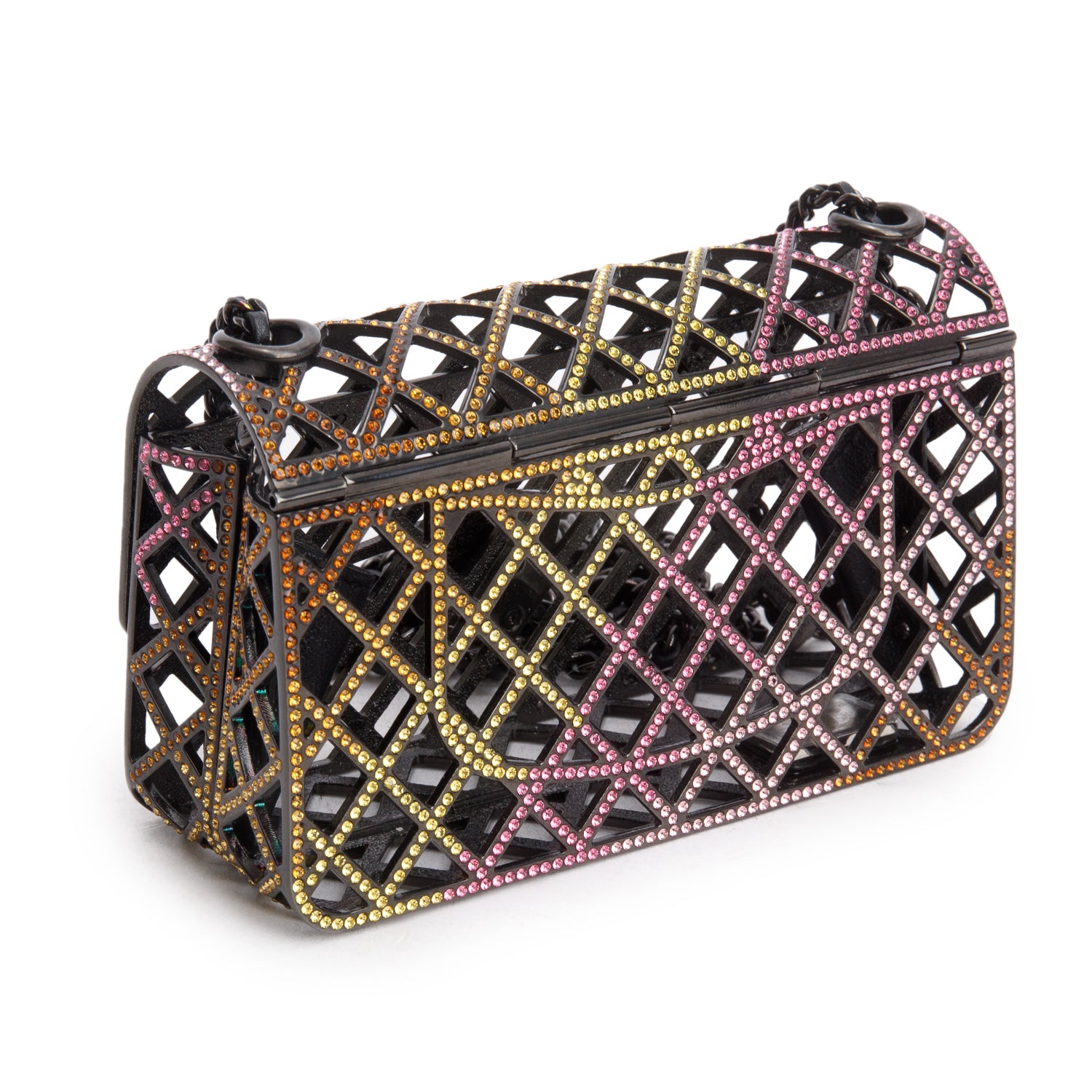 Chanel Limited Edition Black Metal Multicolor Strass Cage Mini Flap Bag w/ Box