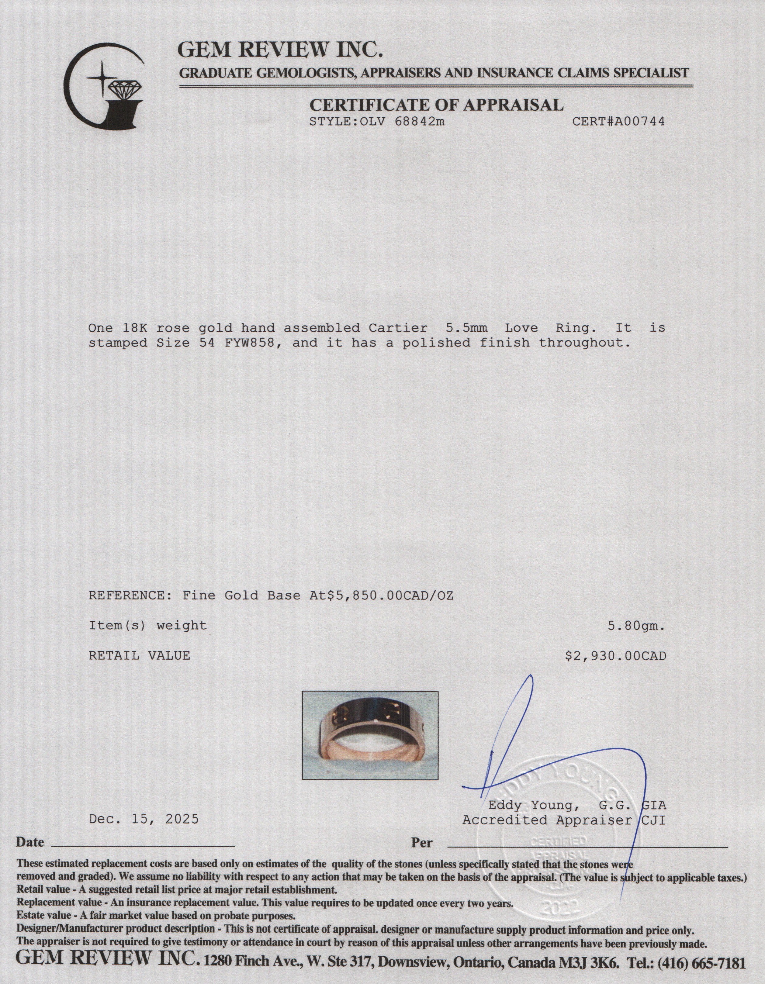 Cartier 2025 18k Yellow Gold 5.5 MM Love Ring, Classic Model, Size 52 6 w/ Box & Certificate