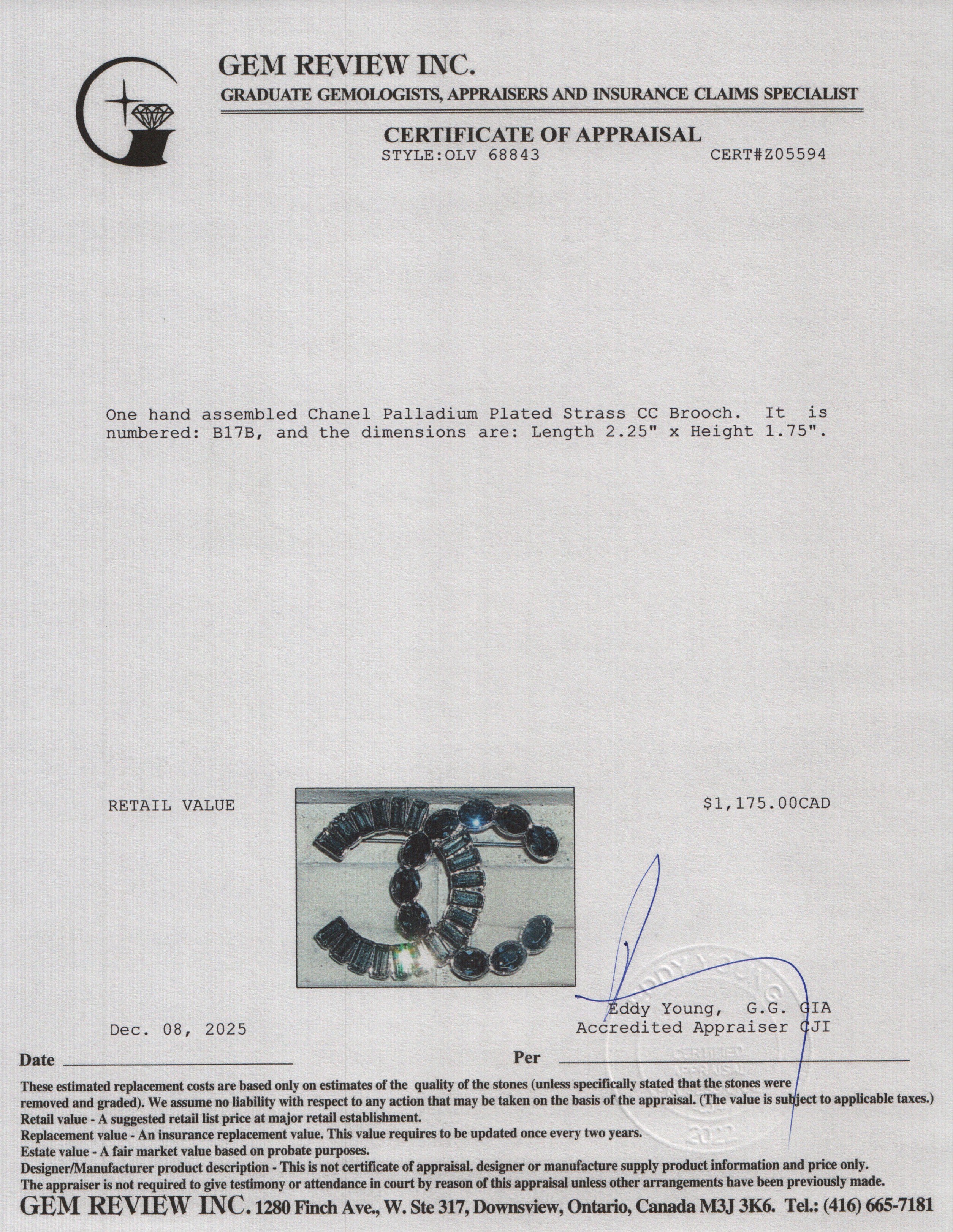 Chanel Palladium Plated Strass CC Brooch w/ Box