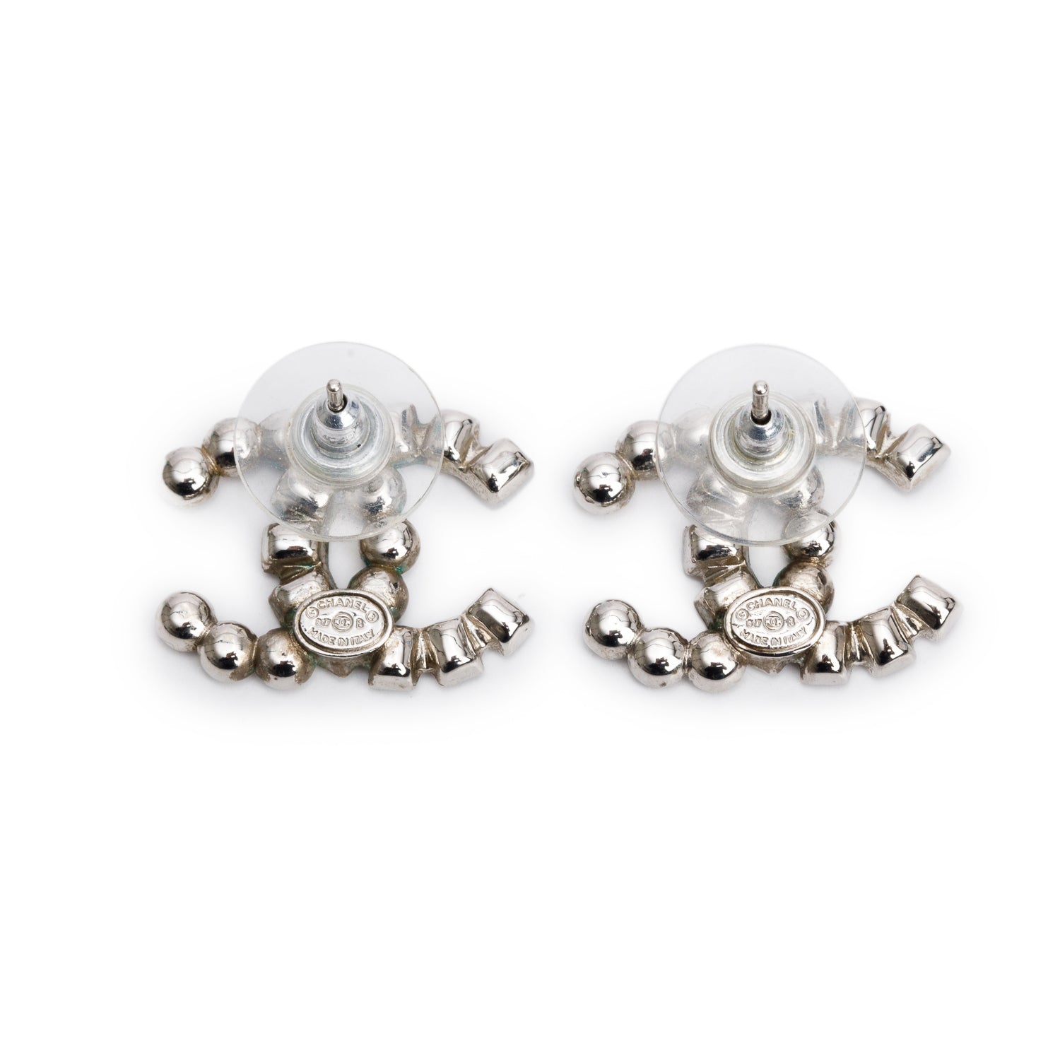 Chanel Palladium Plated Strass CC Stud Earrings w/ Box