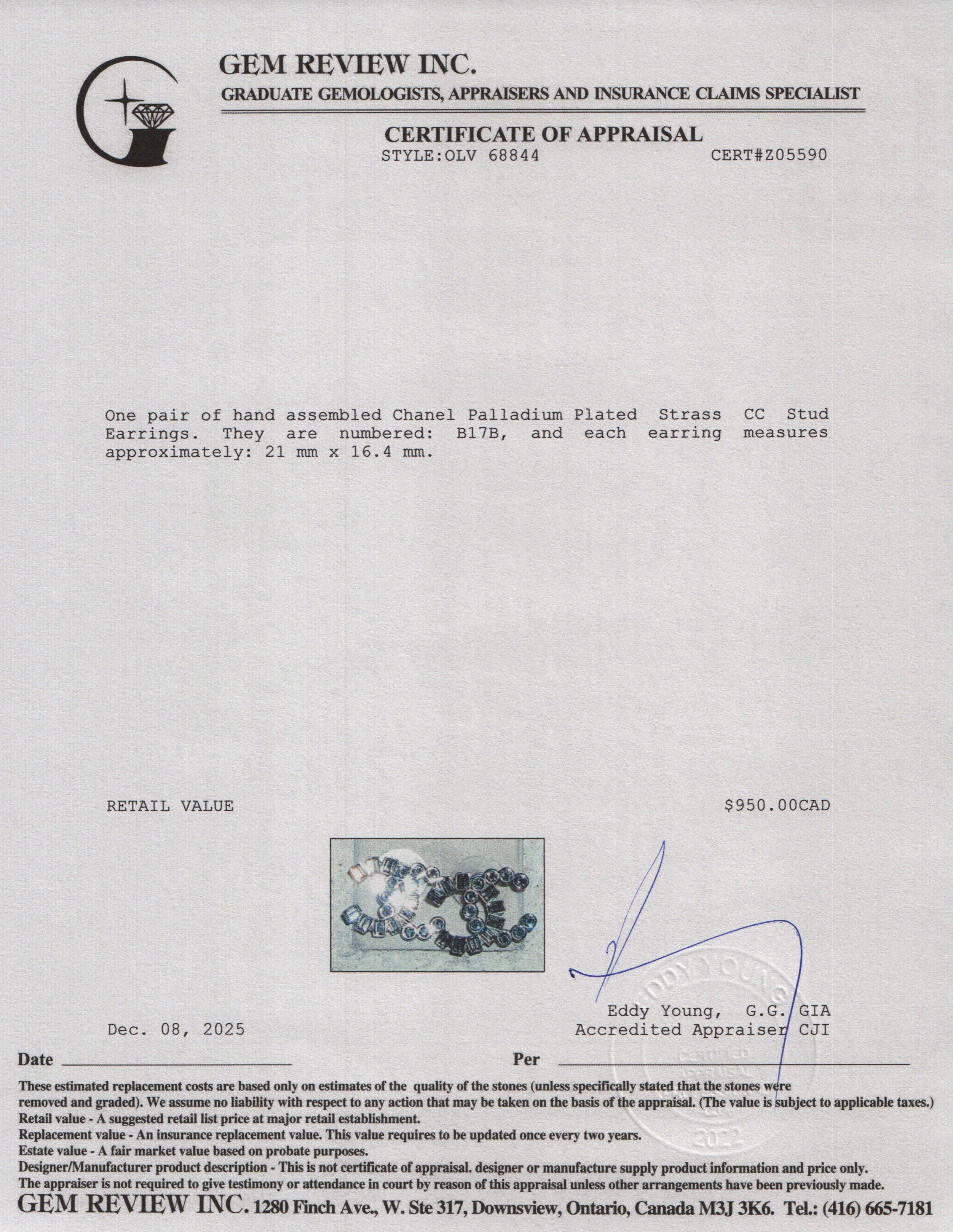 Chanel Palladium Plated Strass CC Stud Earrings w/ Box