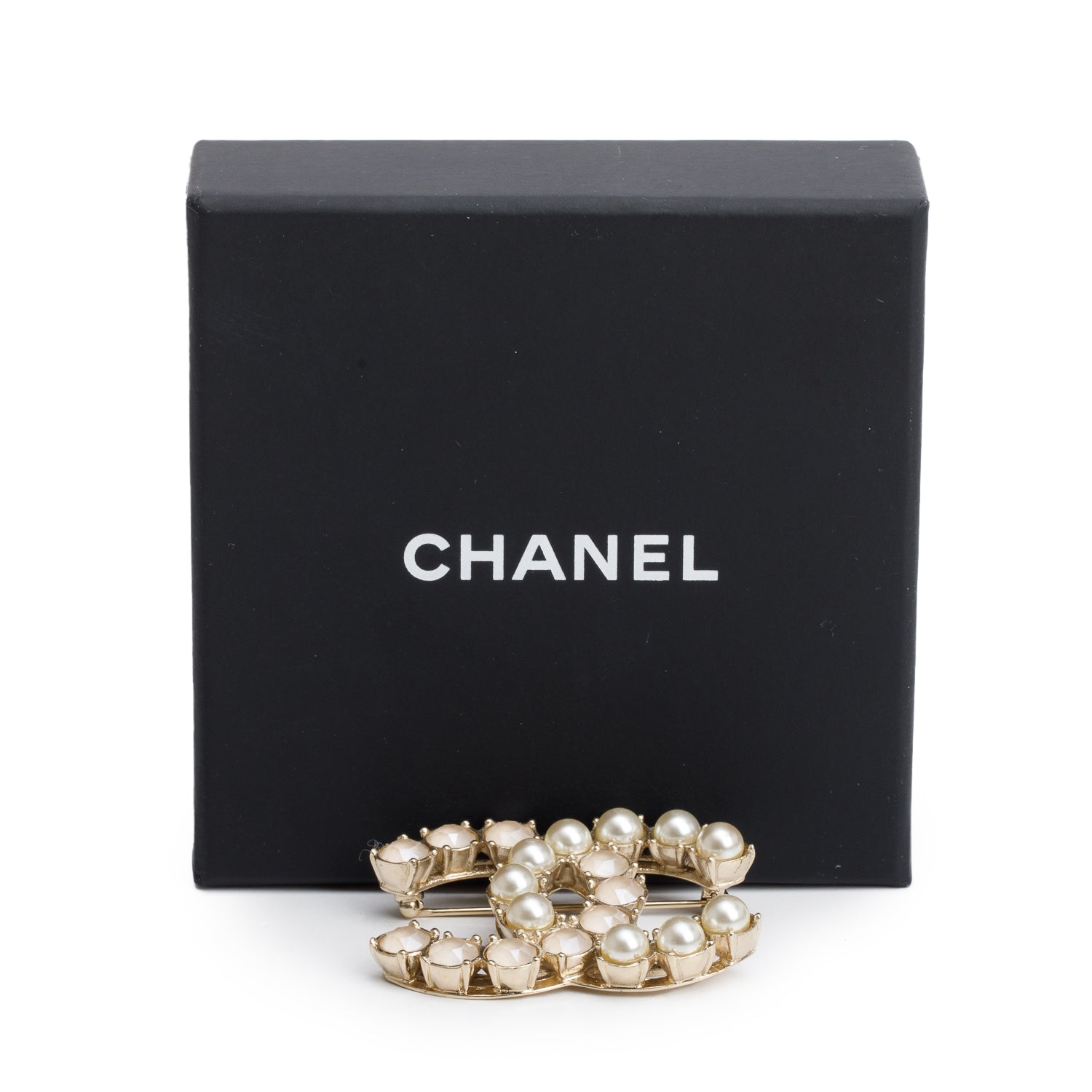 Chanel Gold Plated Faux Pearl & Strass CC Brooch w/ Box