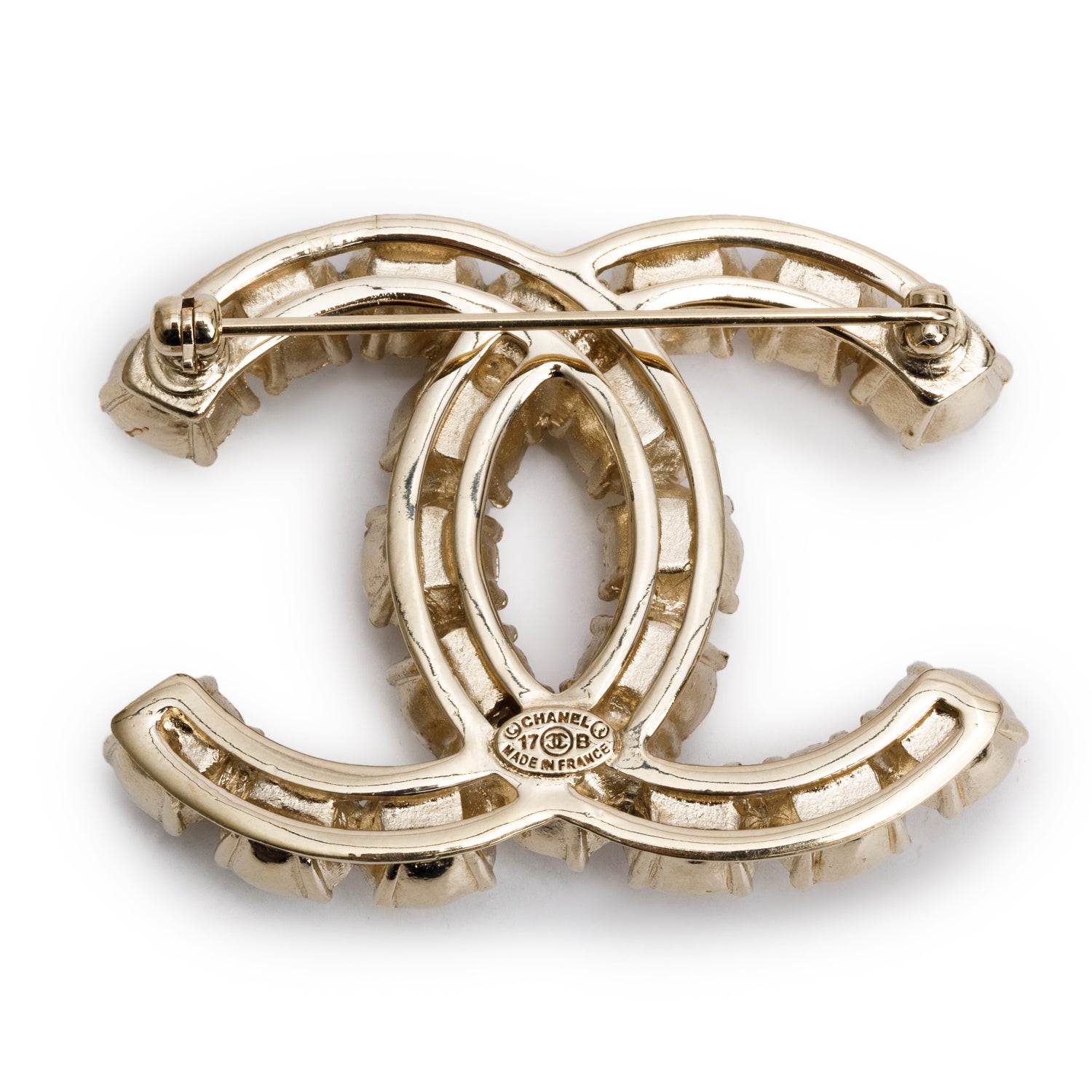 Chanel Gold Plated Faux Pearl & Strass CC Brooch w/ Box