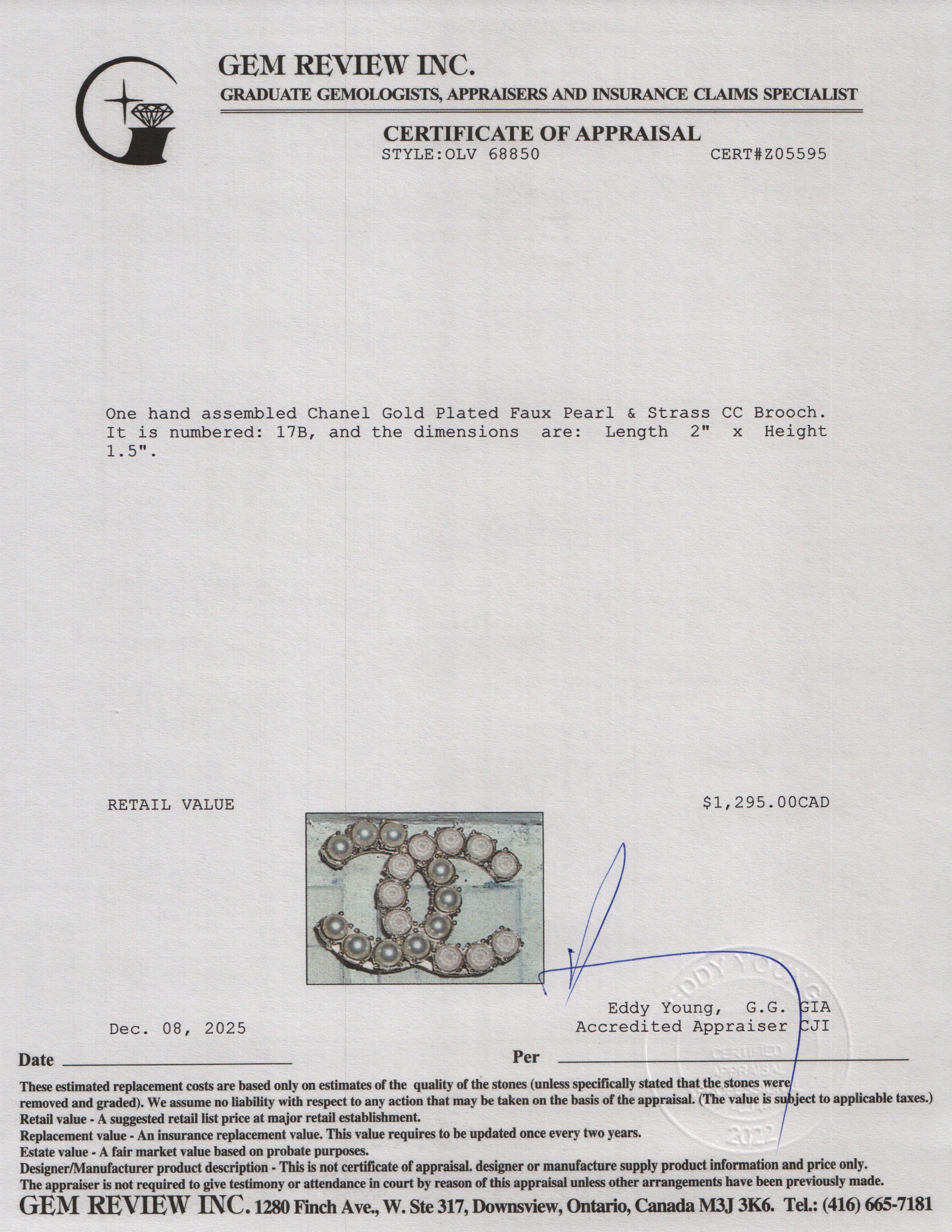 Chanel Gold Plated Faux Pearl & Strass CC Brooch w/ Box