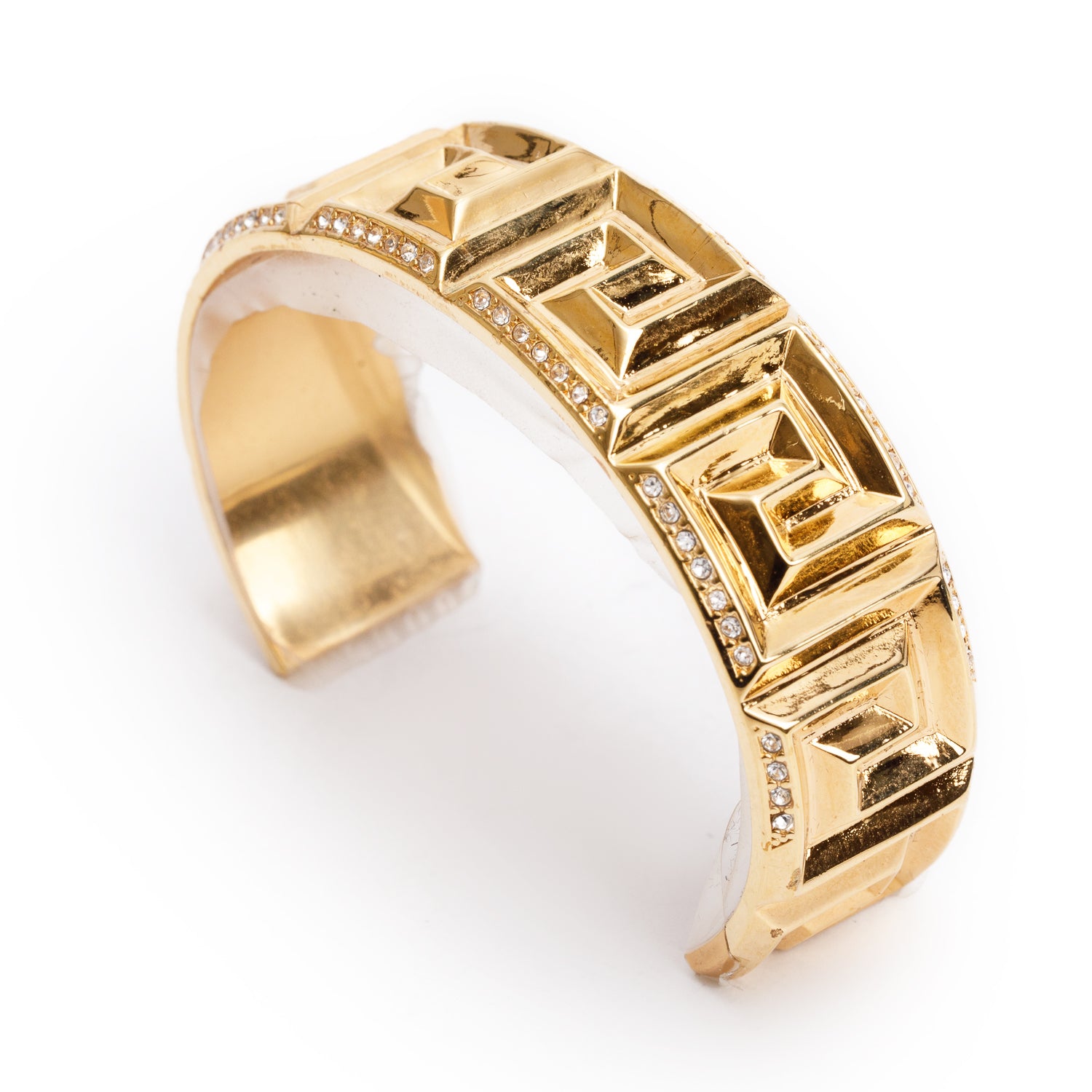 Versace Gold-Plated Crystal Greca Cuff Bracelet w/ Box