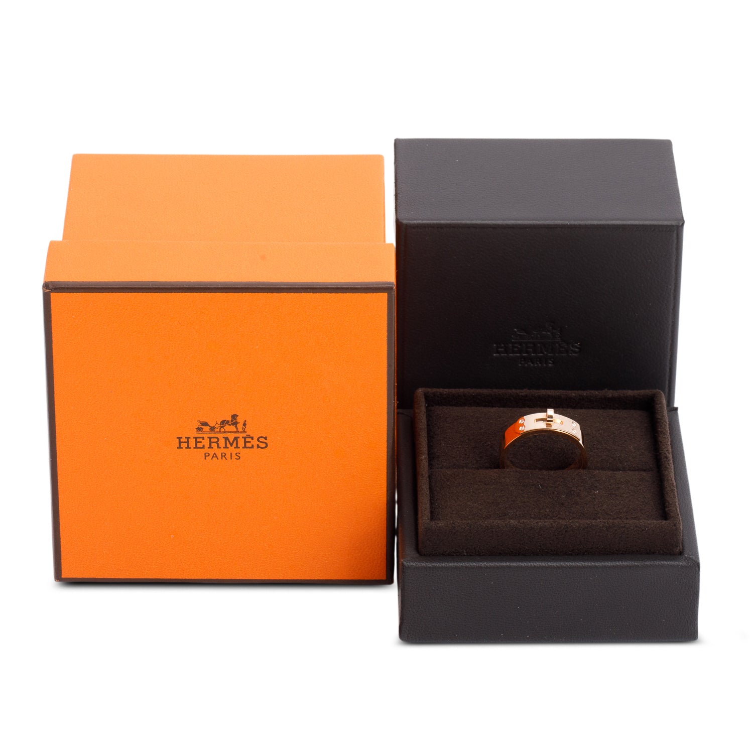 Hermes 18k Rose Gold Diamond Kelly Ring, Small Model Size 54 6.75 w/ Box