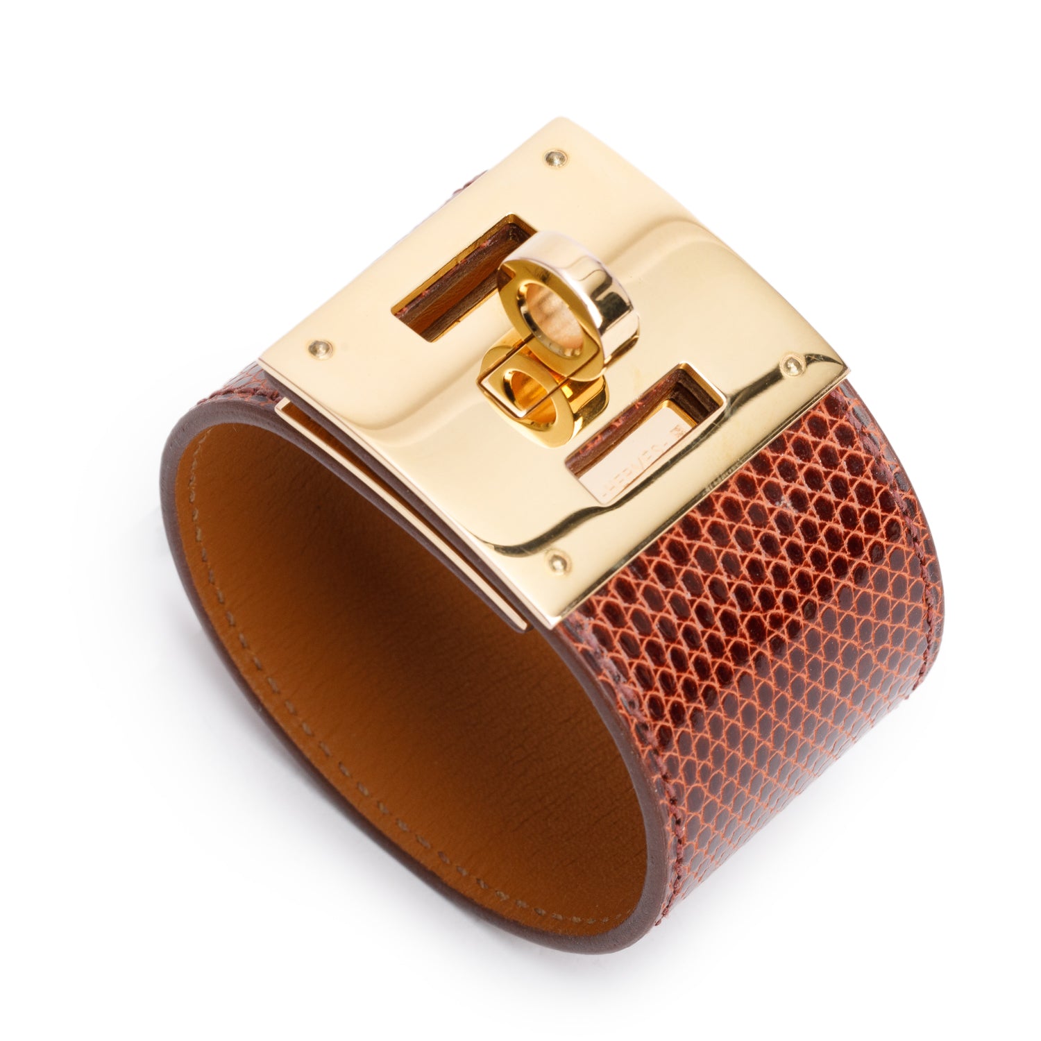 Hermes Gold-Plated Brown Lizard Kelly Dog Bracelet