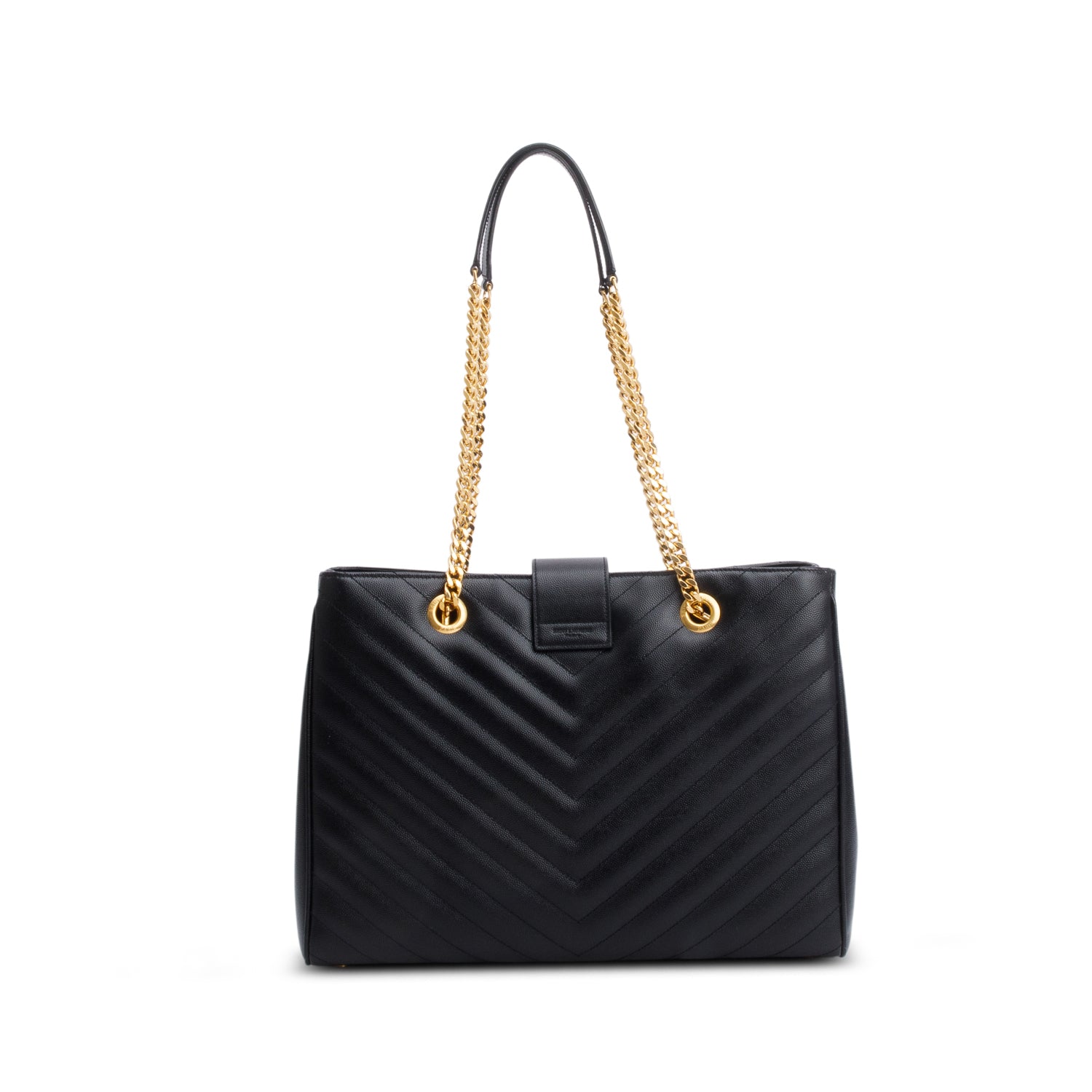 Saint Laurent Black Grain de Poudre Matelasse Chevron Monogram Shopping Bag