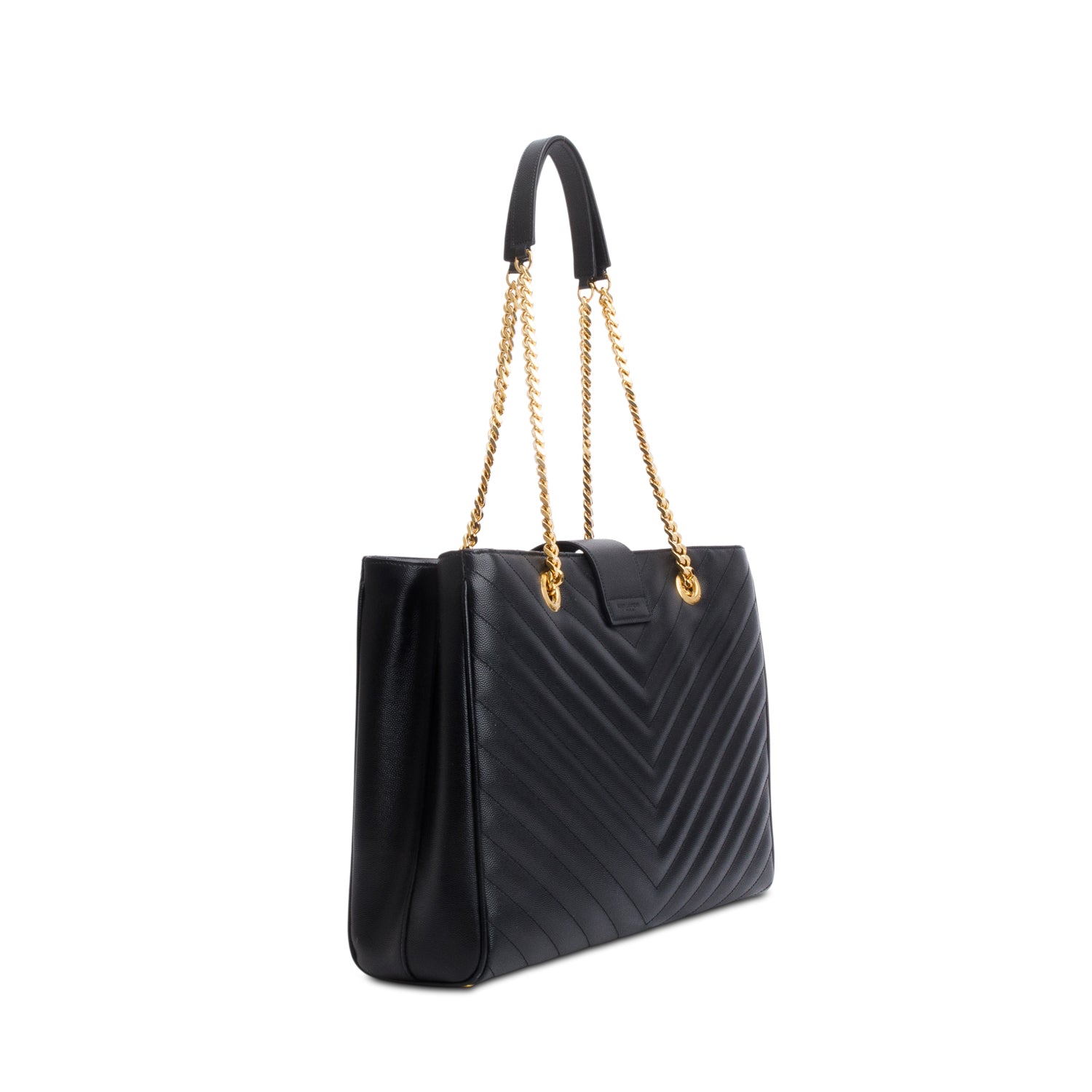 Saint Laurent Black Grain de Poudre Matelasse Chevron Monogram Shopping Bag