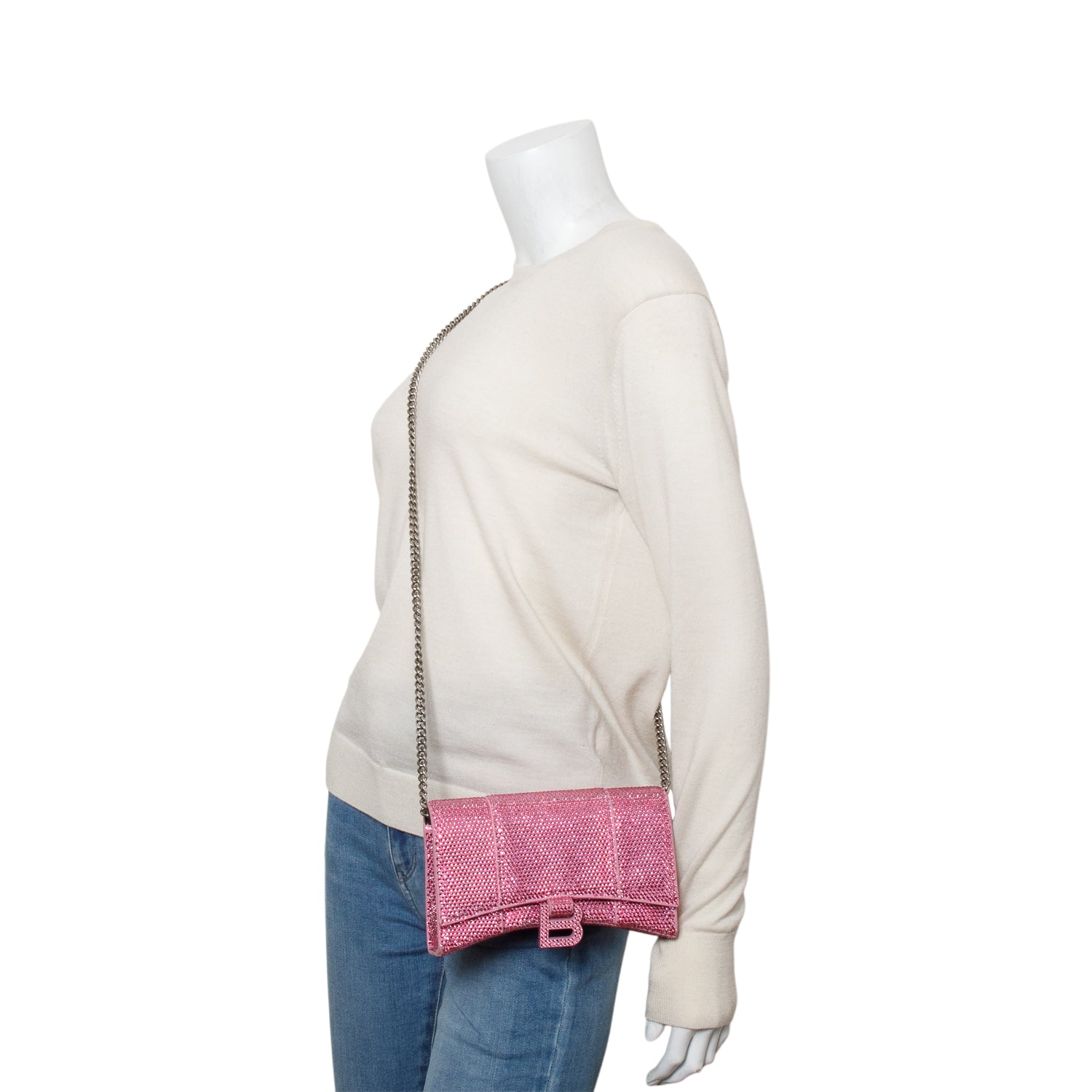 Balenciaga Pink Rhinestone Hourglass Wallet on Chain
