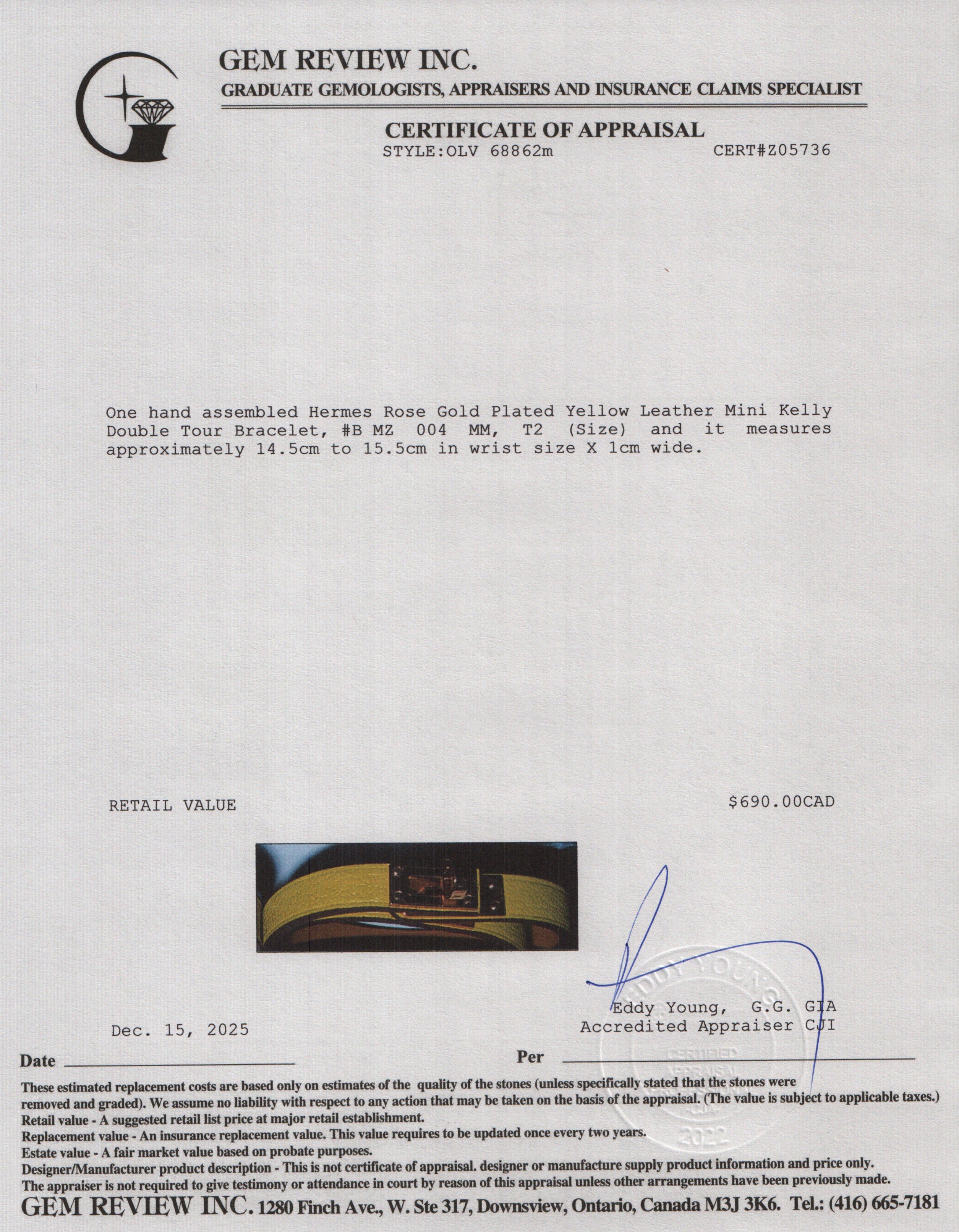 Hermes Rose Gold Plated Yellow Leather Mini Kelly Double Tour Bracelet, Size T2 w/ Box